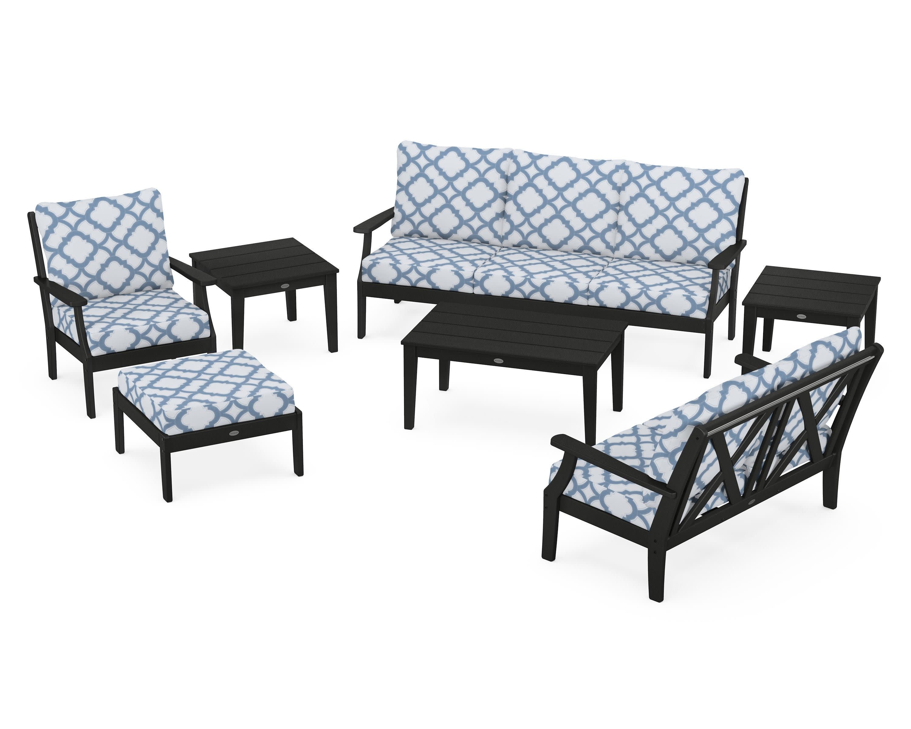 Braxton 7-Piece Deep Seating Set in Black / Trellis Sky Blue