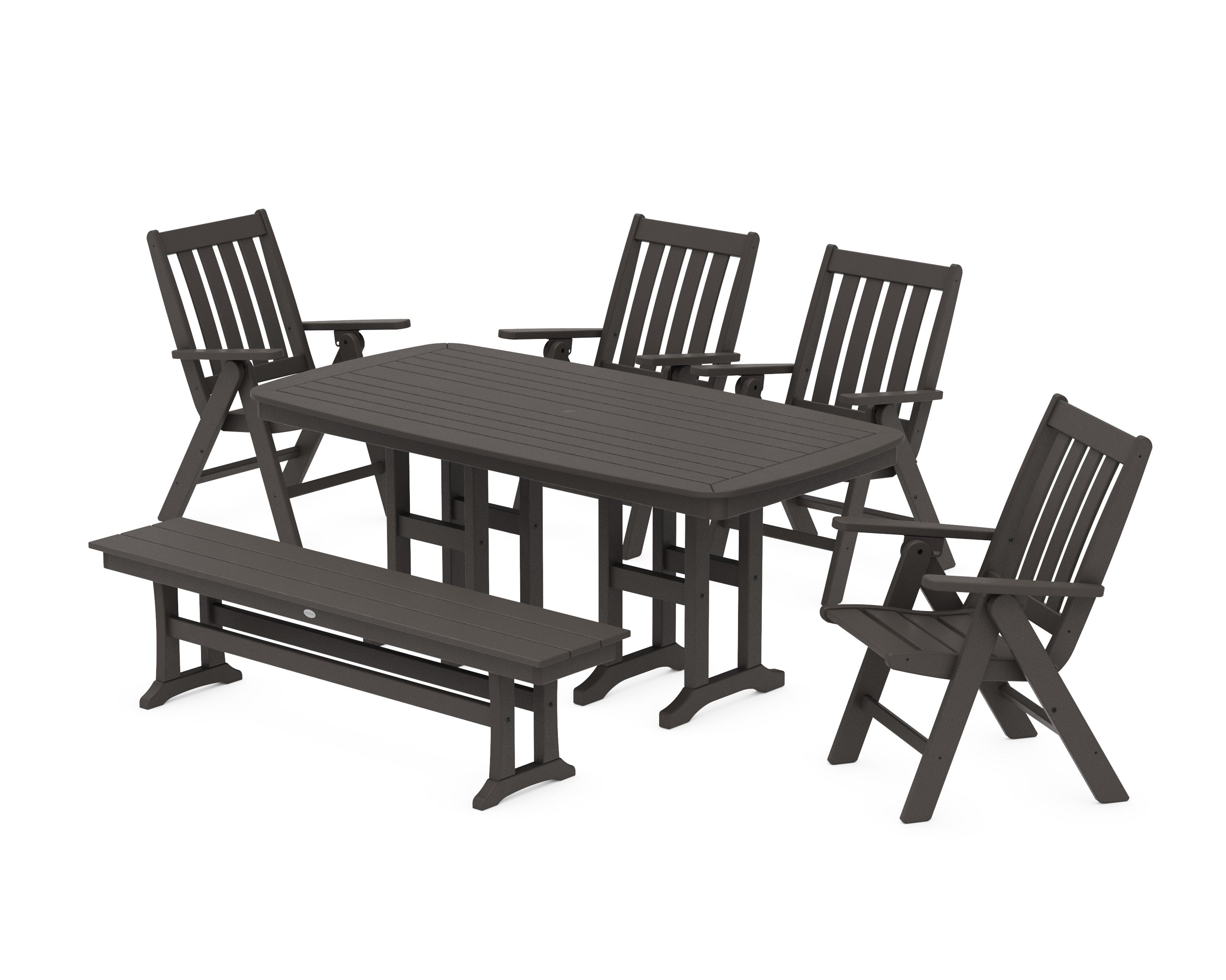 Vineyard Folding Chair 6-Piece Dining Set with Bench in Vintage Coffee
