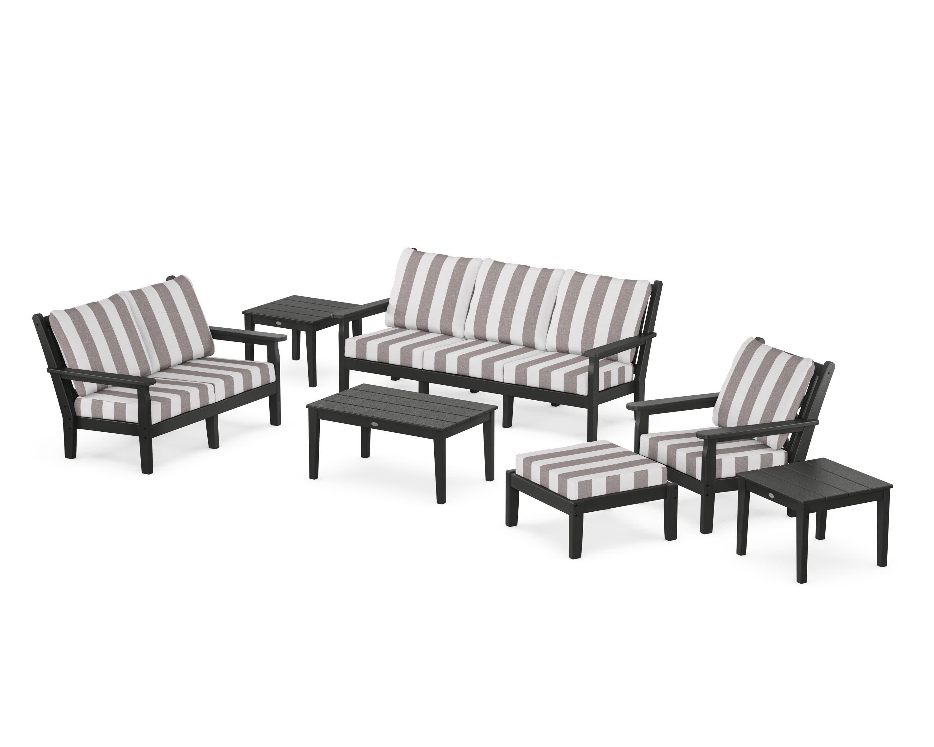 Chippendale 7-Piece Deep Seating Set in Black / Cabana Stripe Grey Mist