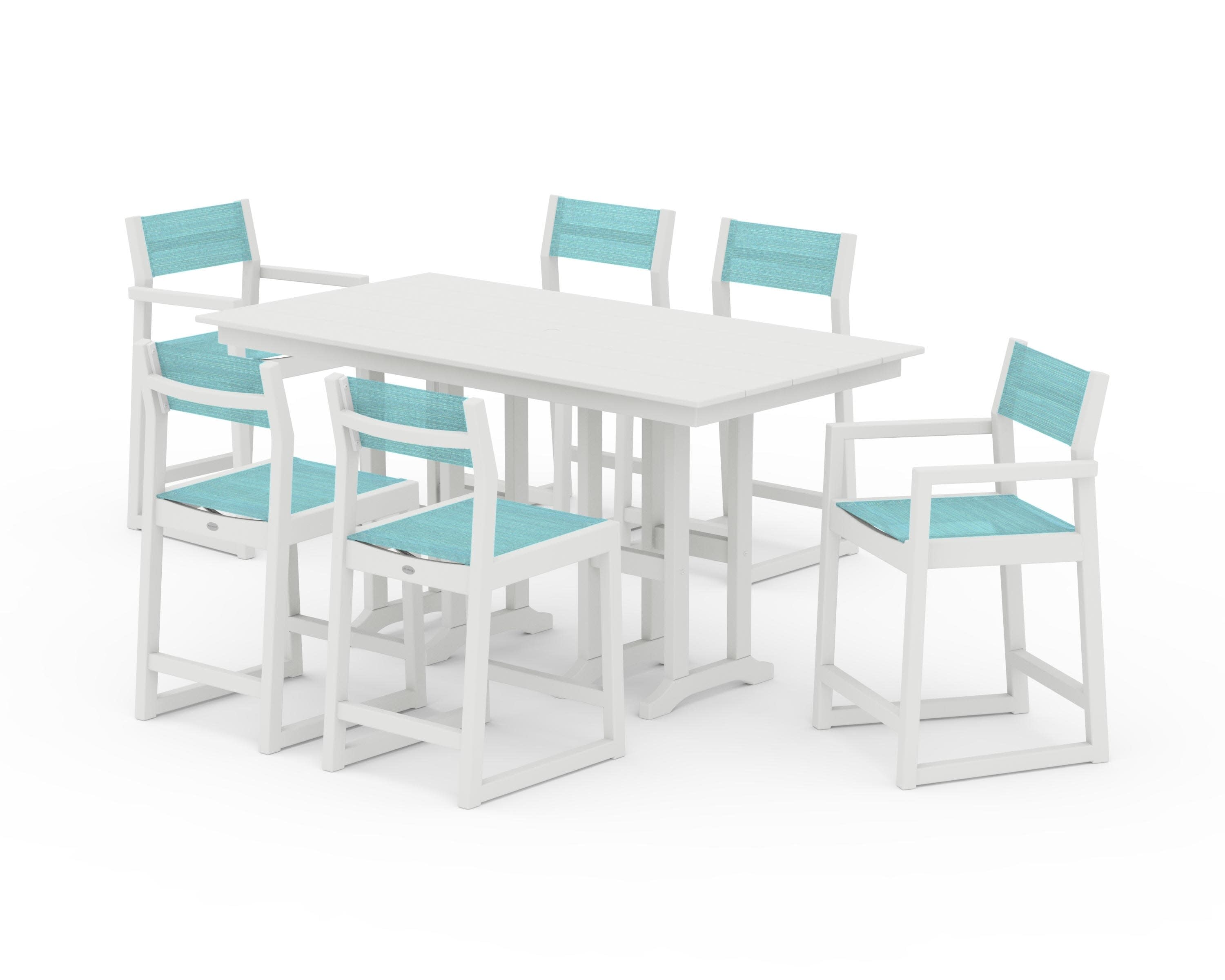 EDGE Sling 7-Piece Farmhouse Counter Set with Trestle Legs in Vintage White / Dupioni Aquamarine Sling