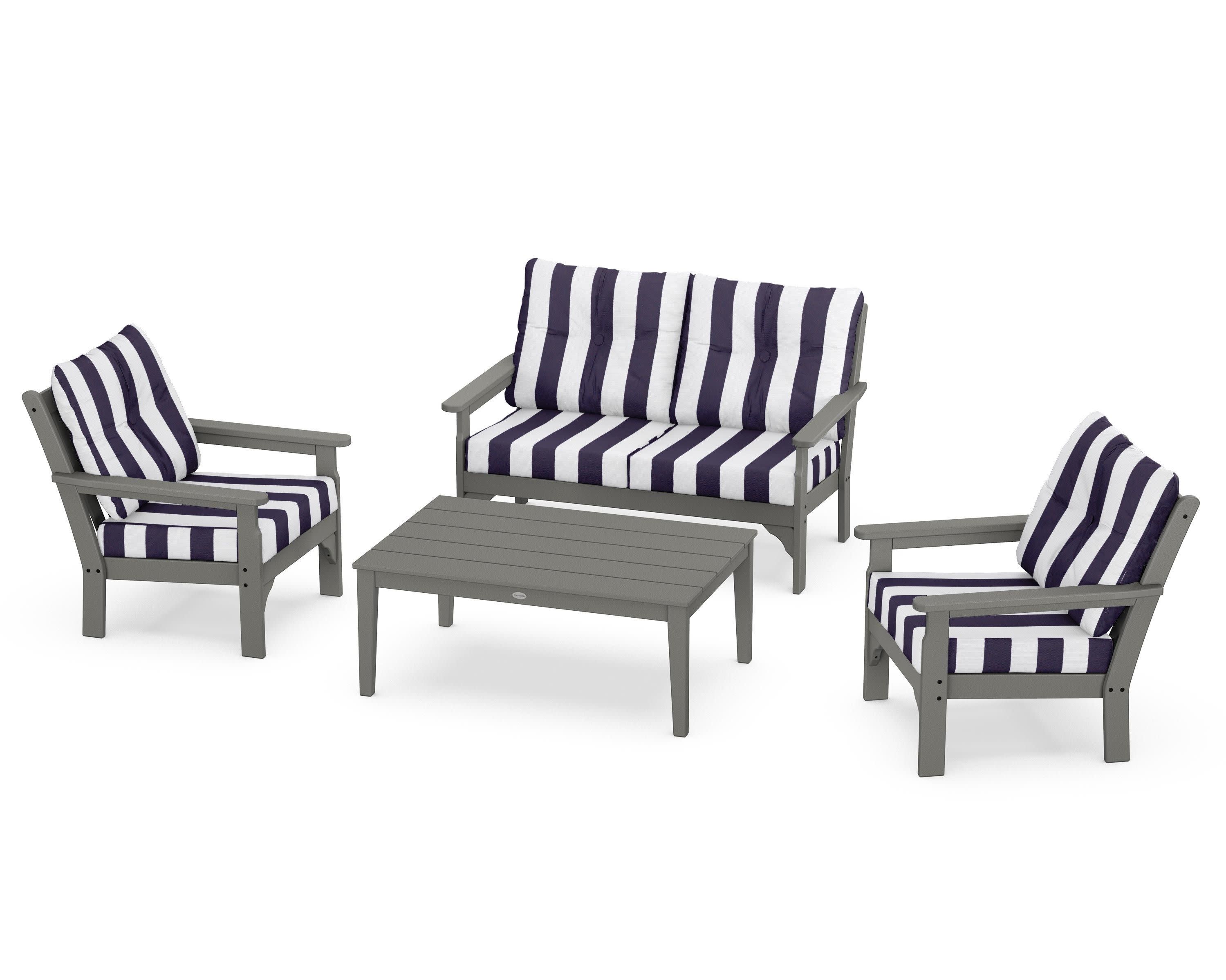 Vineyard 4-Piece Deep Seating Set in Slate Grey / Cabana Stripe Navy