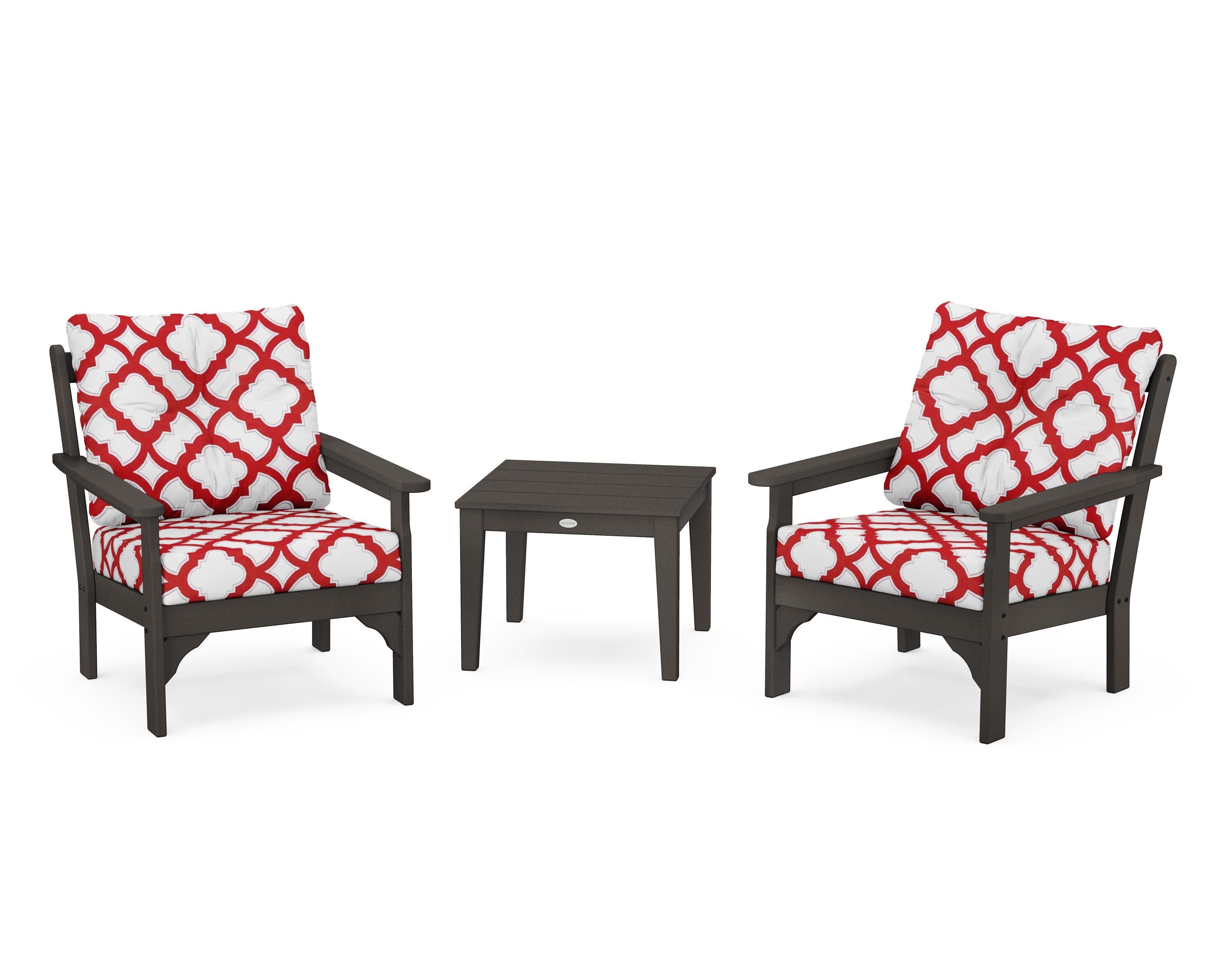 Vineyard 3-Piece Deep Seating Set in Vintage Coffee / Trellis Crimson