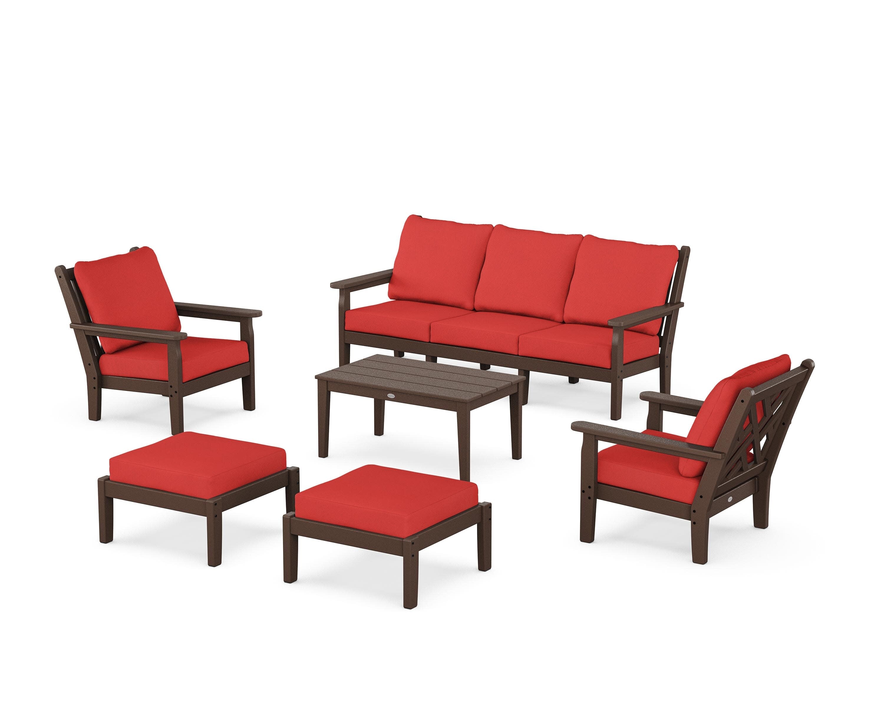 Chippendale 6-Piece Lounge Sofa Set in Mahogany / Crimson Linen