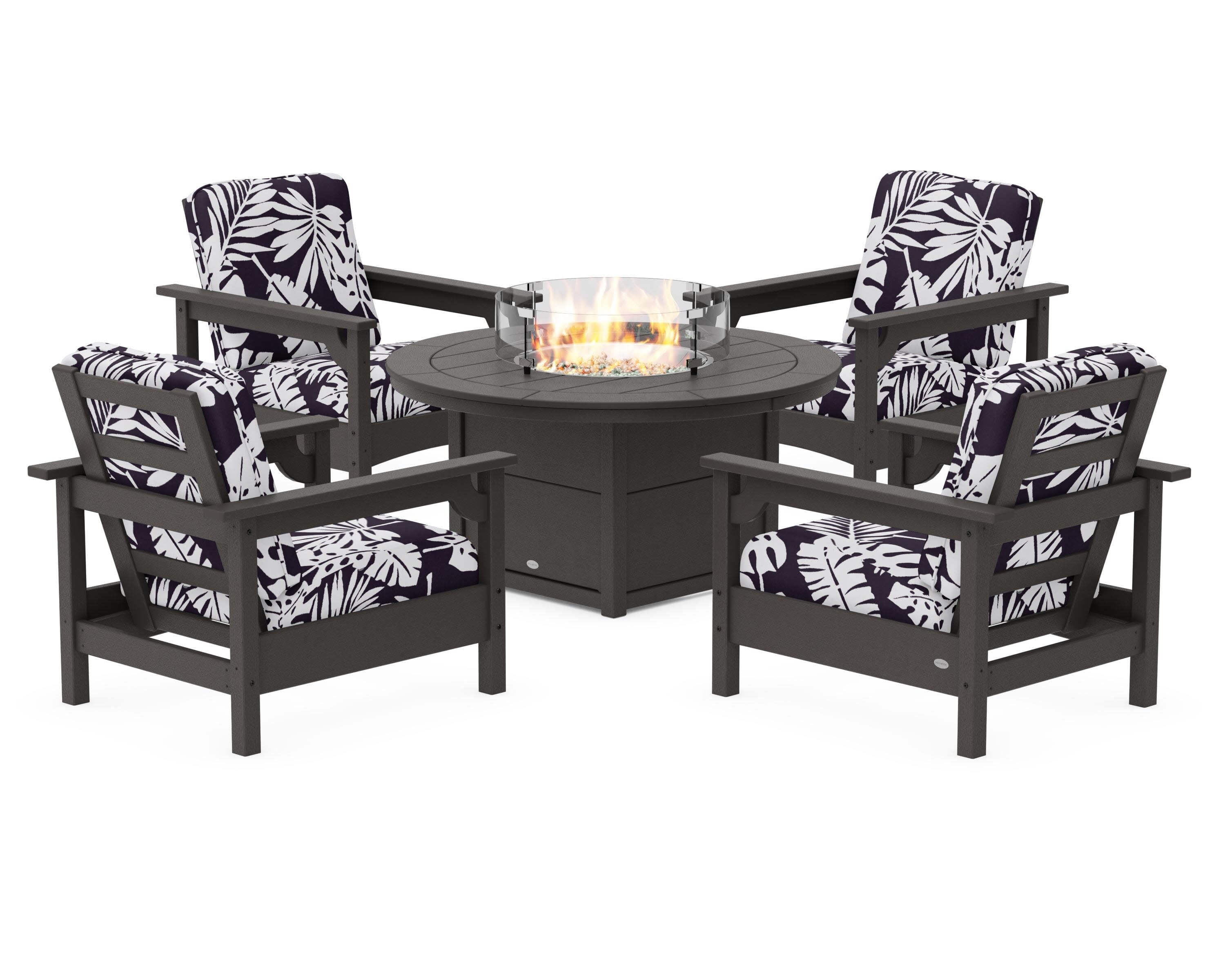 Club 5-Piece Conversation Set with Fire Pit Table in Vintage Coffee / Leaf Navy