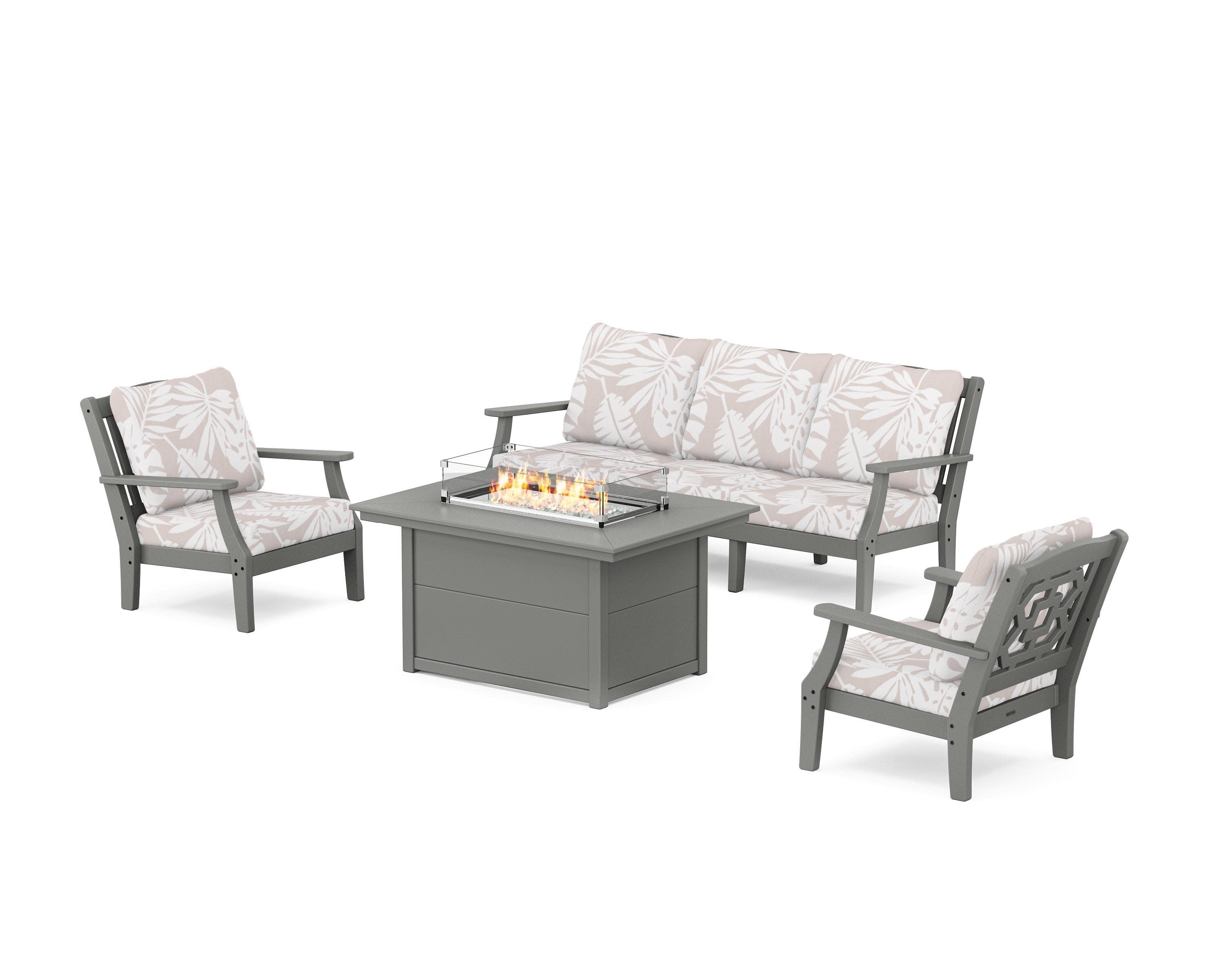 Chinoiserie Deep Seating Fire Pit Table Set in Slate Grey / Leaf Dune Burlap