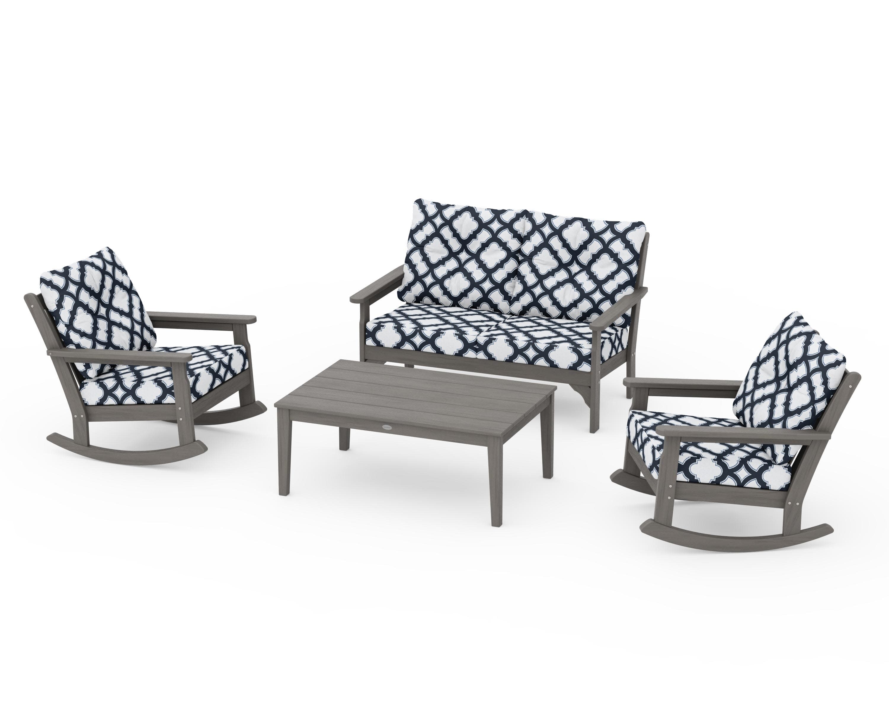 Vineyard 4-Piece Deep Seating Rocking Chair Set in Driftwood / Trellis Marine Indigo