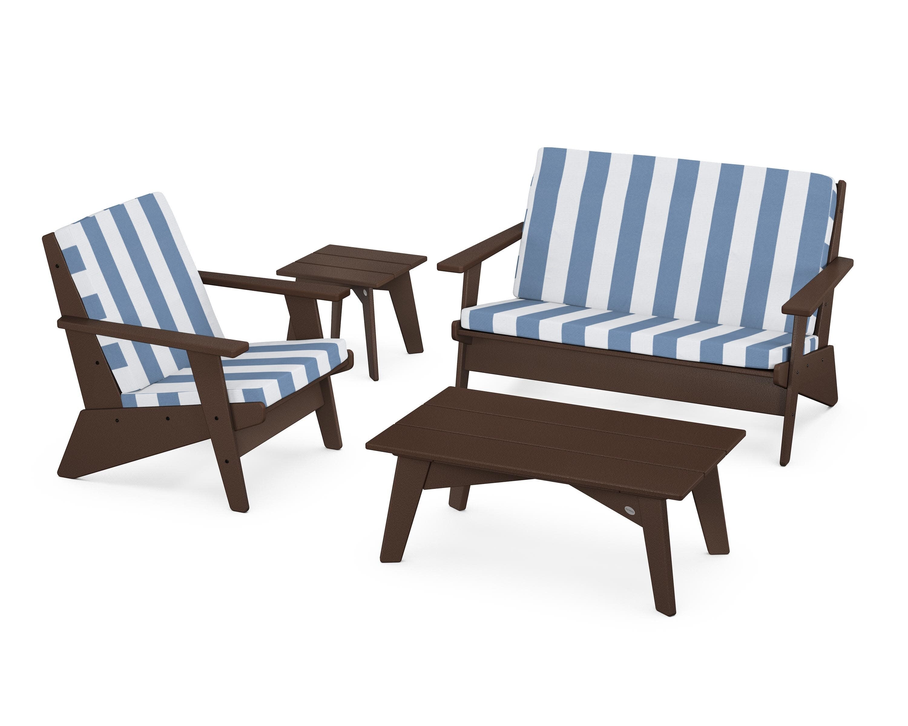 Riviera Modern Lounge 4-Piece Set in Mahogany / Cabana Stripe Sky Blue