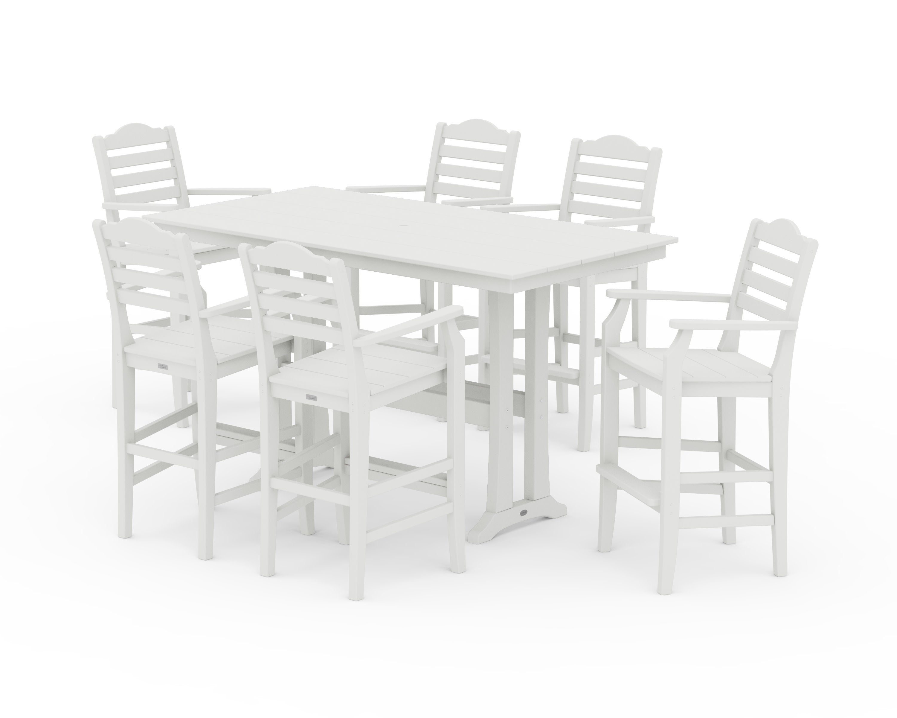 Savannah Arm Chair 7-Piece Farmhouse Bar Set with Trestle Legs in Vintage White