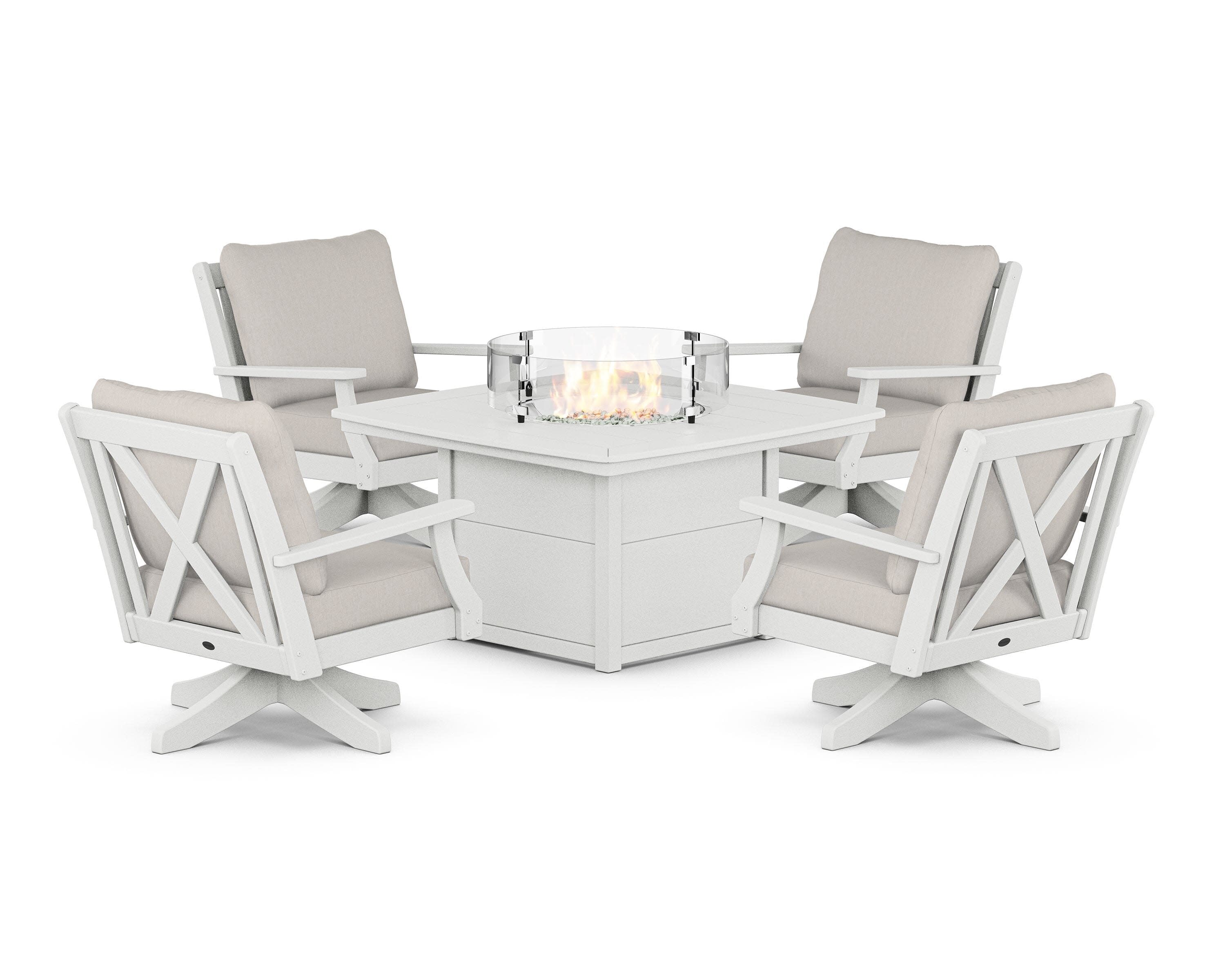 Braxton 5-Piece Deep Seating Swivel Conversation Set with Fire Pit Table in Vintage White / Cast Ash