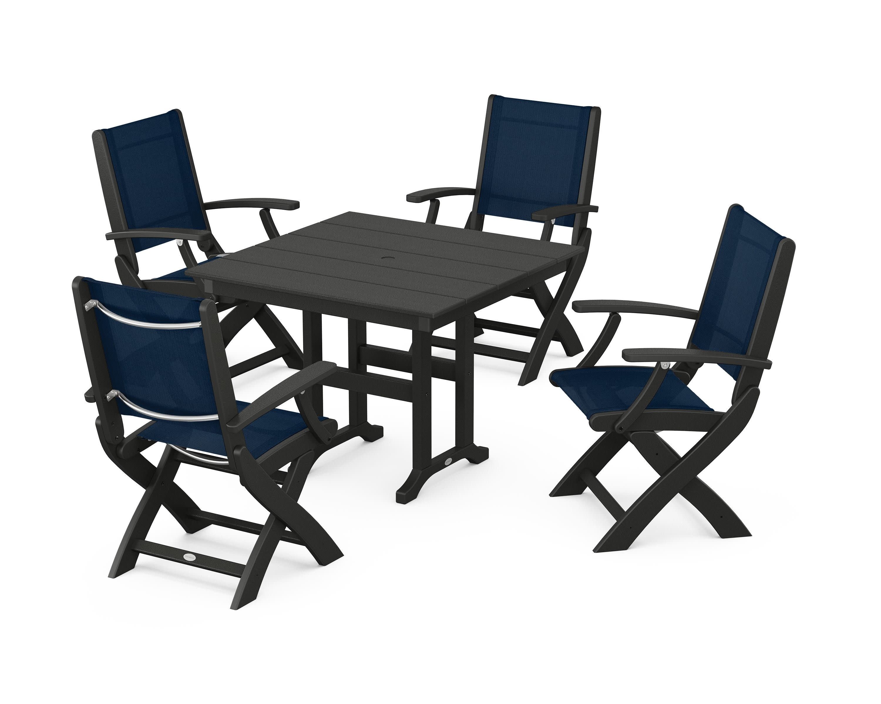 Coastal Folding Chair 5-Piece Farmhouse Dining Set in Black / Navy Blue Sling