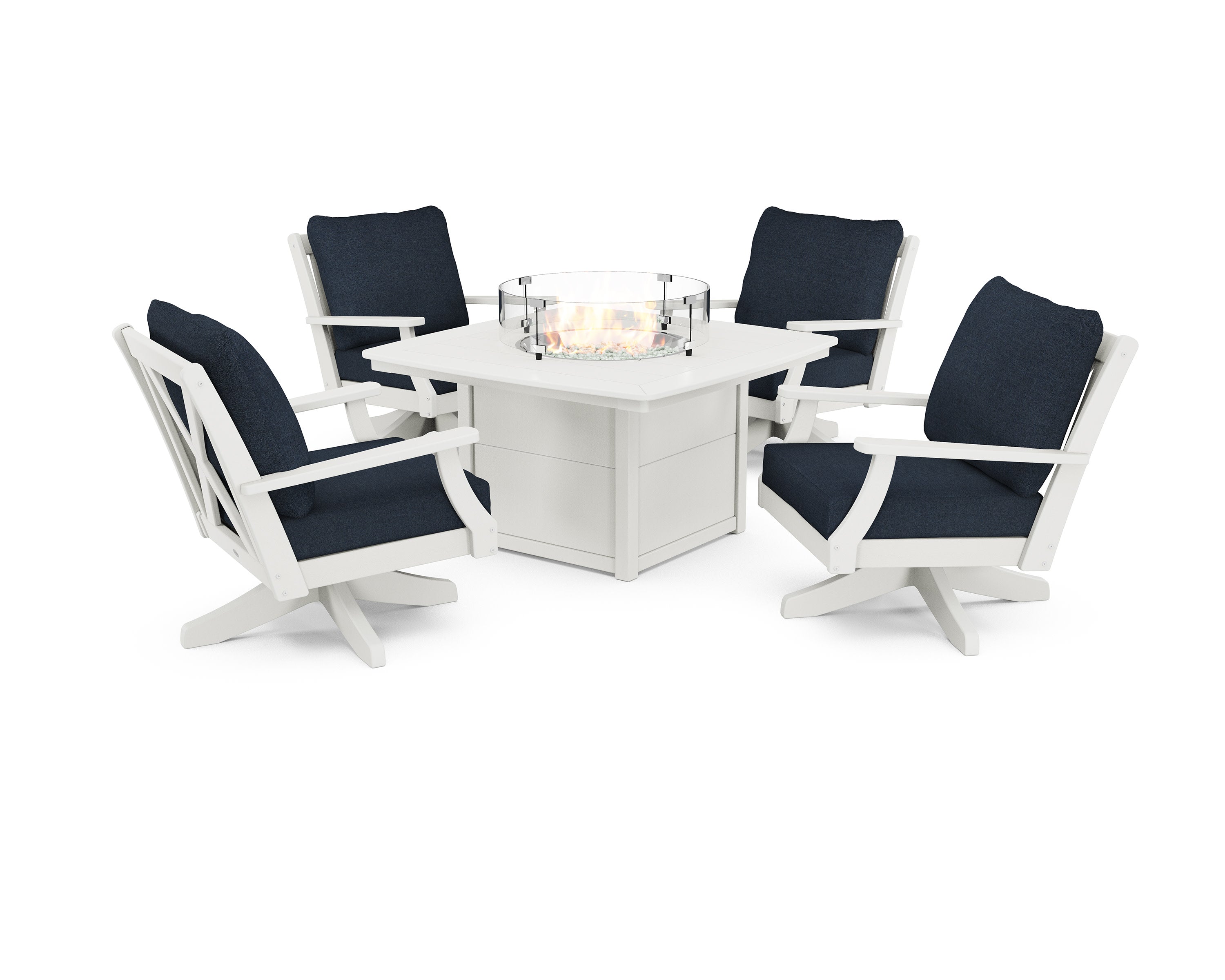 Braxton 5-Piece Deep Seating Swivel Conversation Set with Fire Pit Table in Vintage White / Marine Indigo
