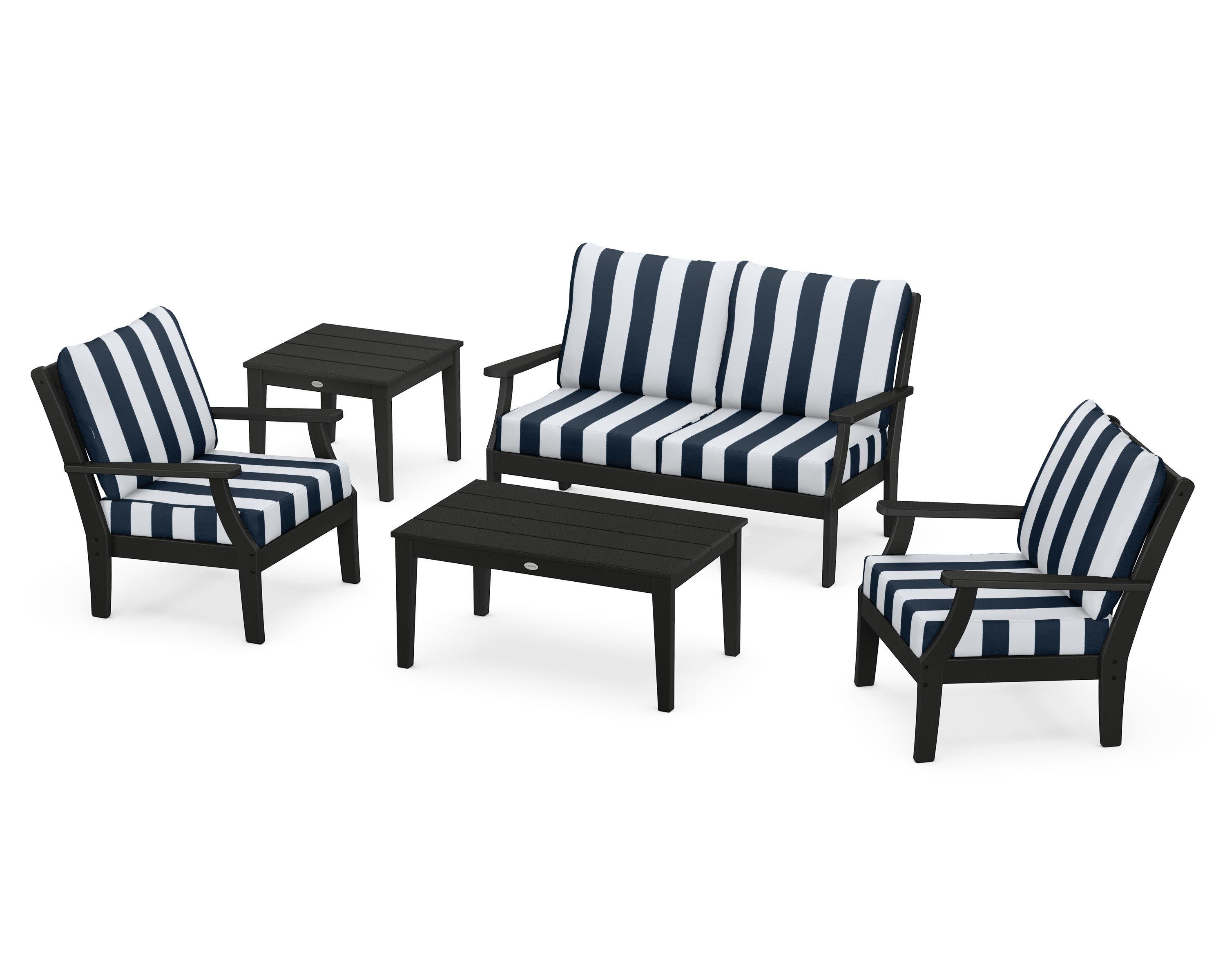 Braxton 5-Piece Deep Seating Set in Black / Cabana Stripe Marine Indigo