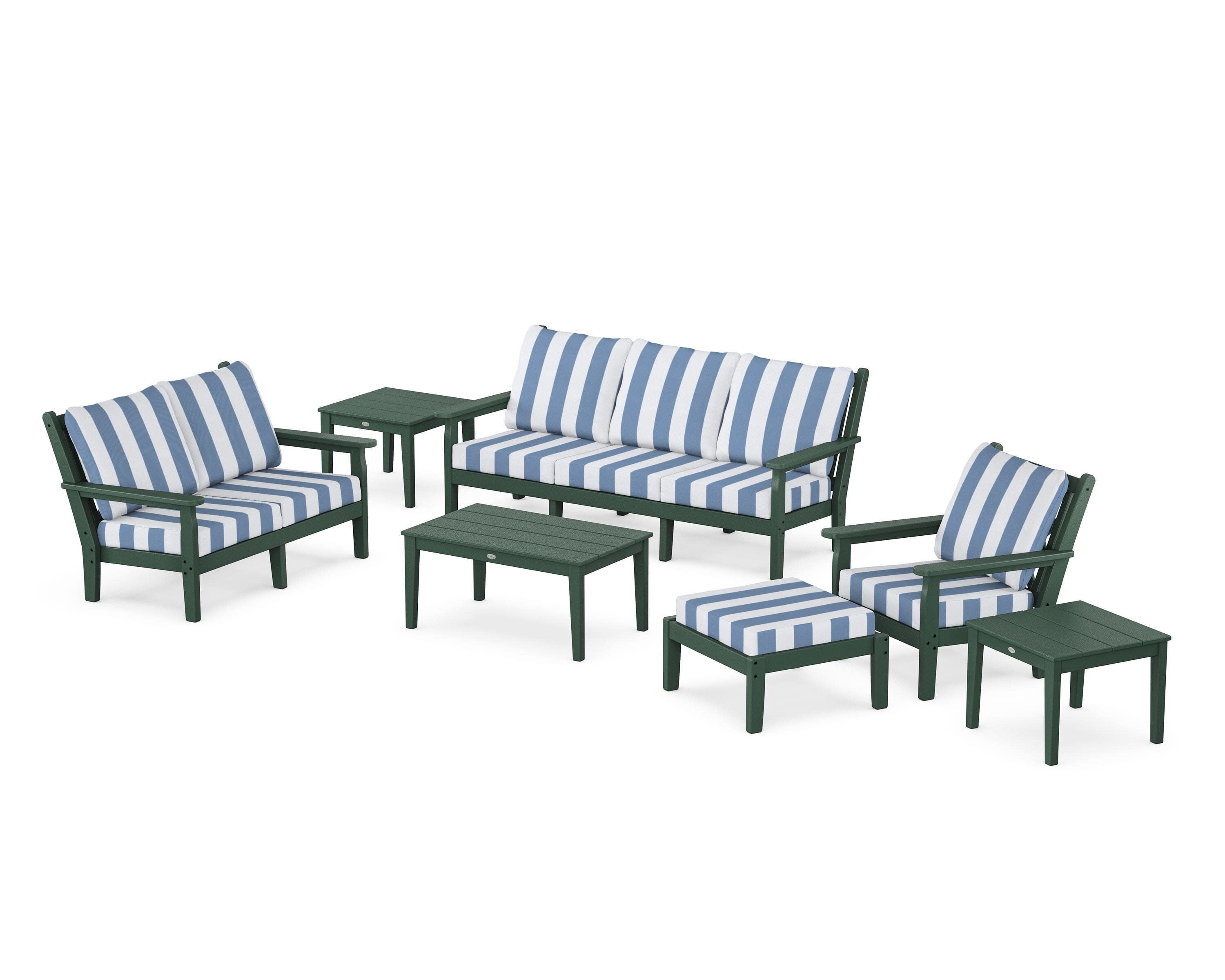 Chippendale 7-Piece Deep Seating Set in Green / Cabana Stripe Sky Blue