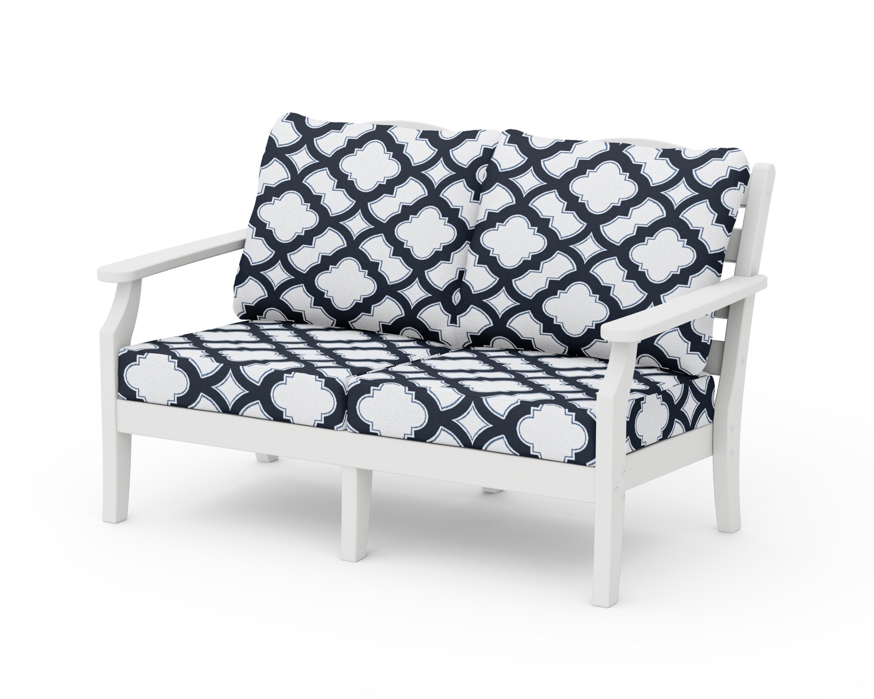 Savannah Deep Seating Loveseat in White / Trellis Marine Indigo