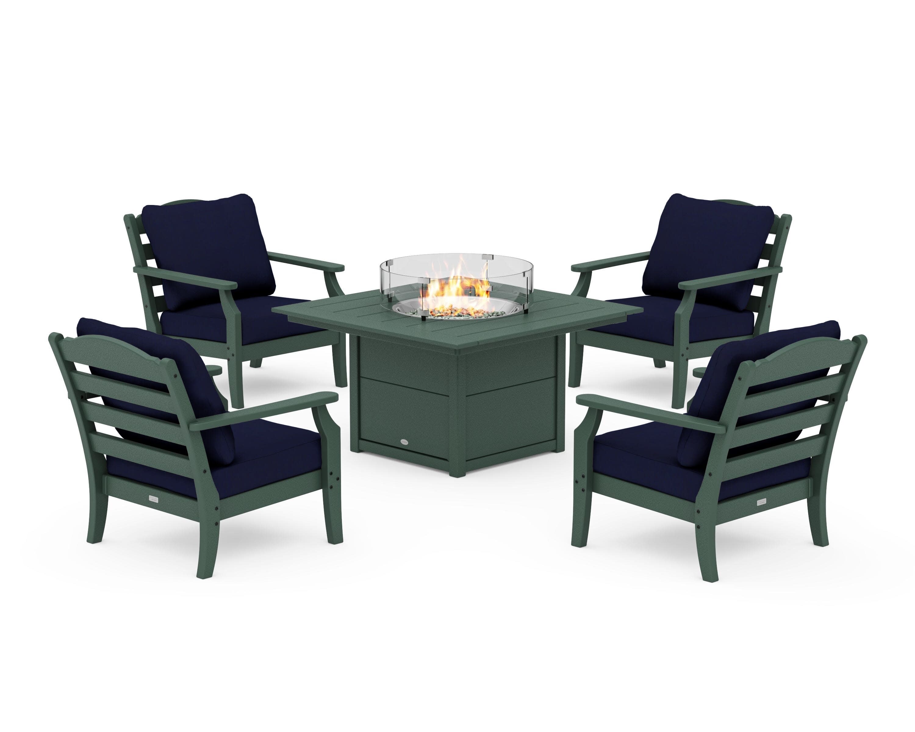 Savannah 5-Piece Deep Seating Set with Fire Pit Table in Green / Navy