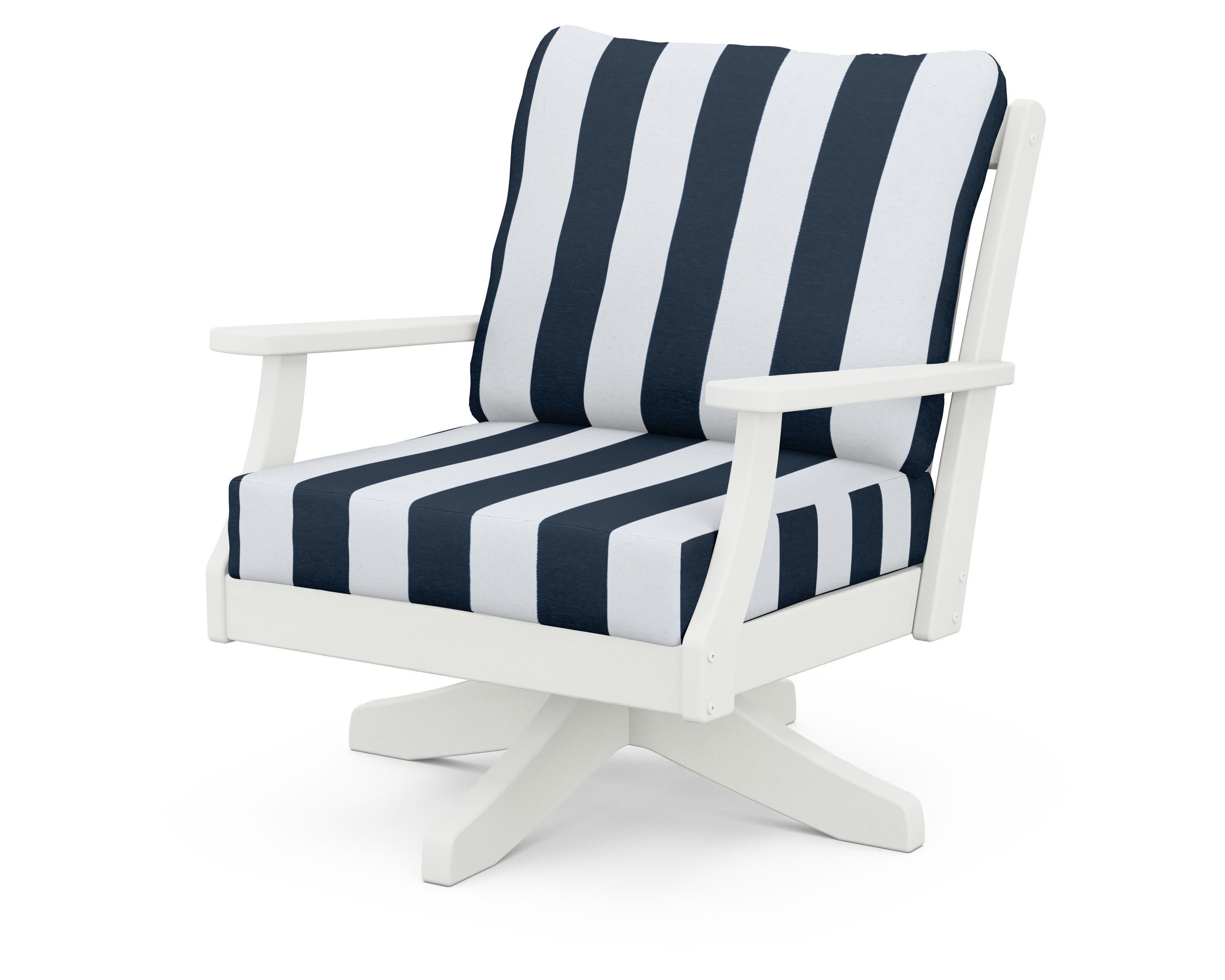 Braxton Deep Seating Swivel Chair in Vintage White / Cabana Stripe Marine Indigo