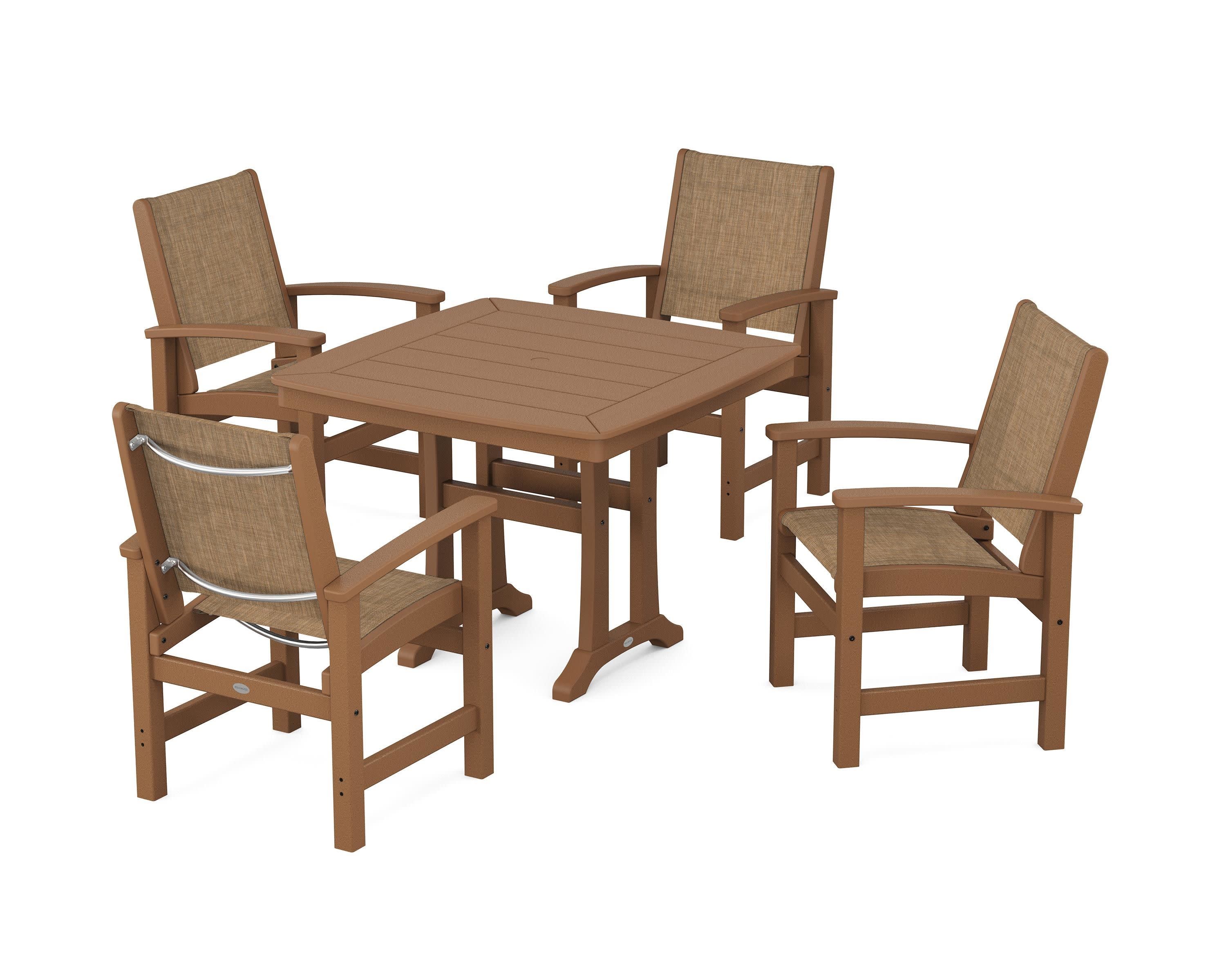 Coastal 5-Piece Dining Set with Trestle Legs in Teak / Burlap Sling