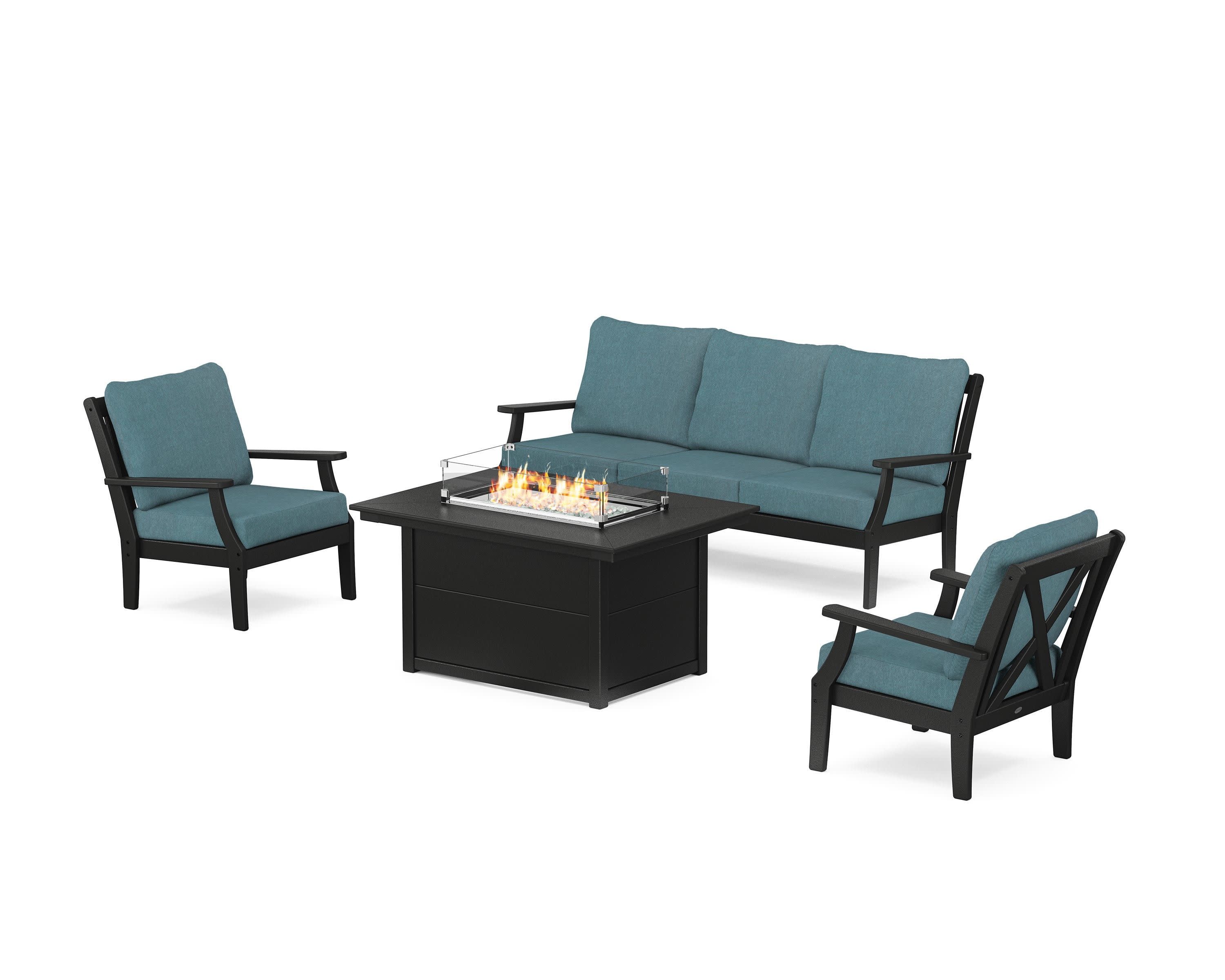 Braxton Deep Seating Fire Pit Table Set in Black / Ocean Teal