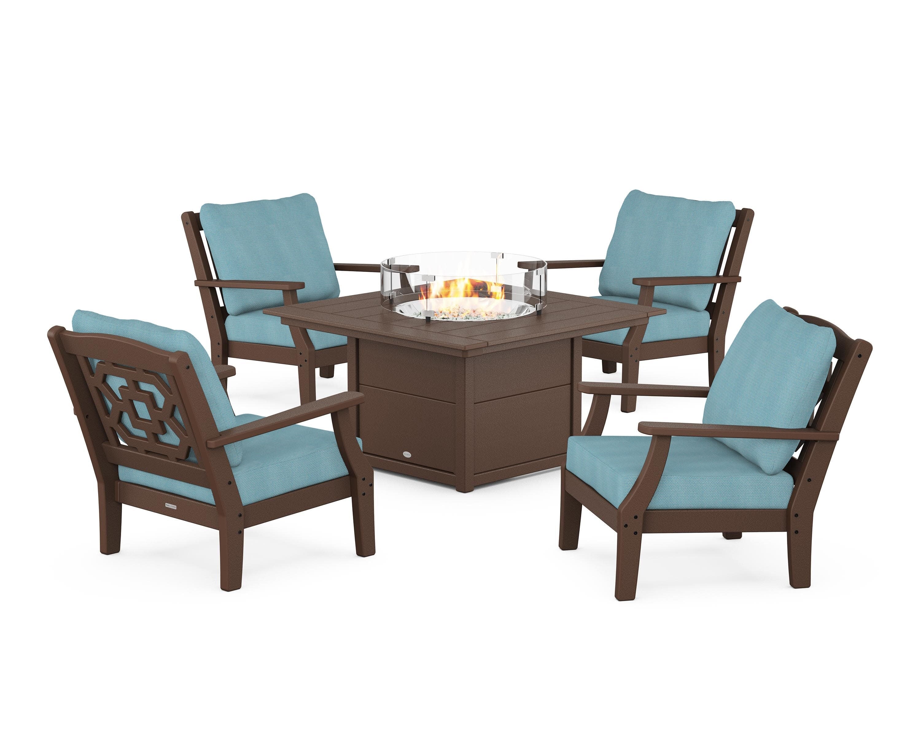 Chinoiserie 5-Piece Deep Seating Set with Fire Pit Table in Mahogany / Lattice Sky Blue