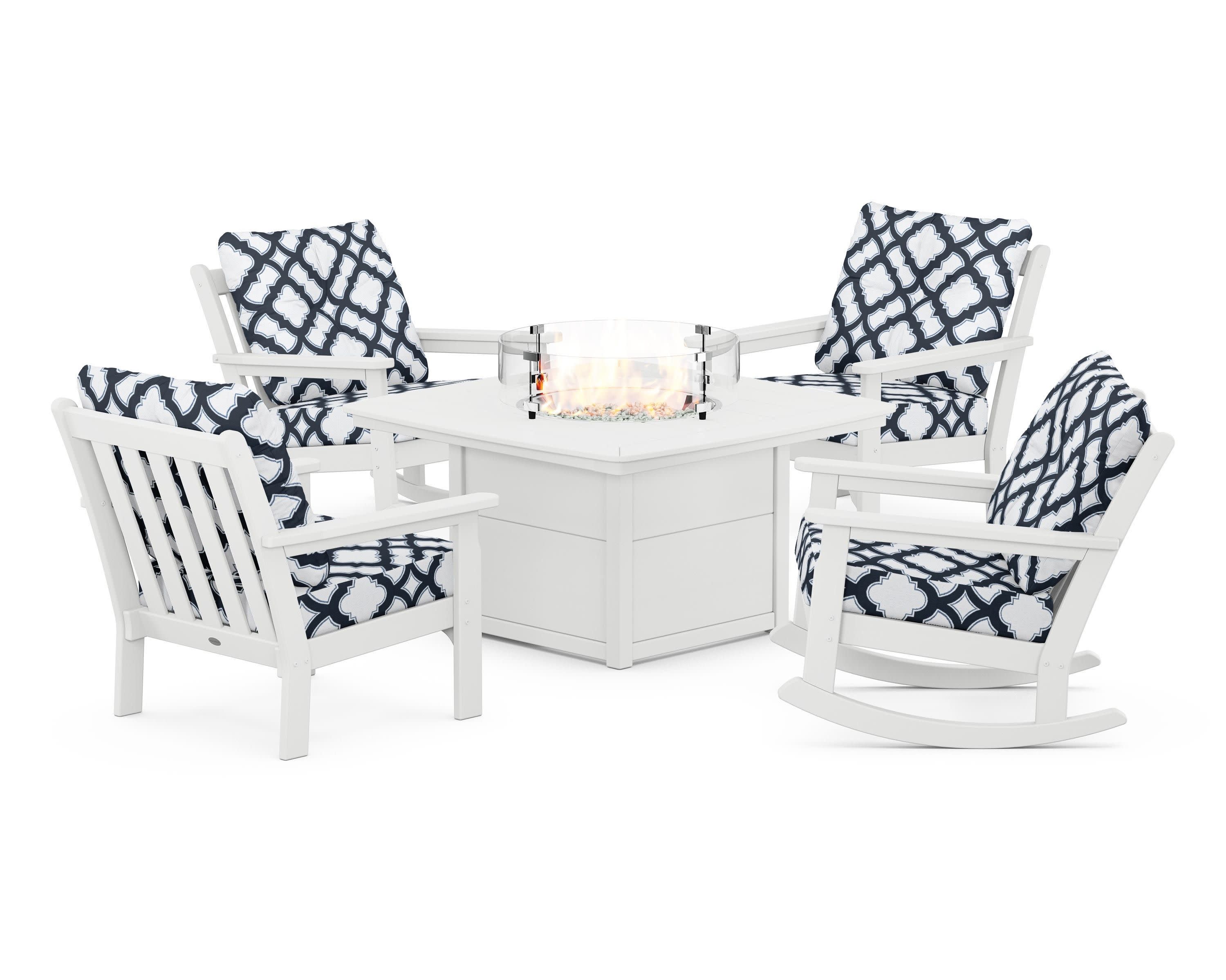 Vineyard 5-Piece Deep Seating Rocking Chair Conversation Set with Fire Pit Table in White / Trellis Marine Indigo