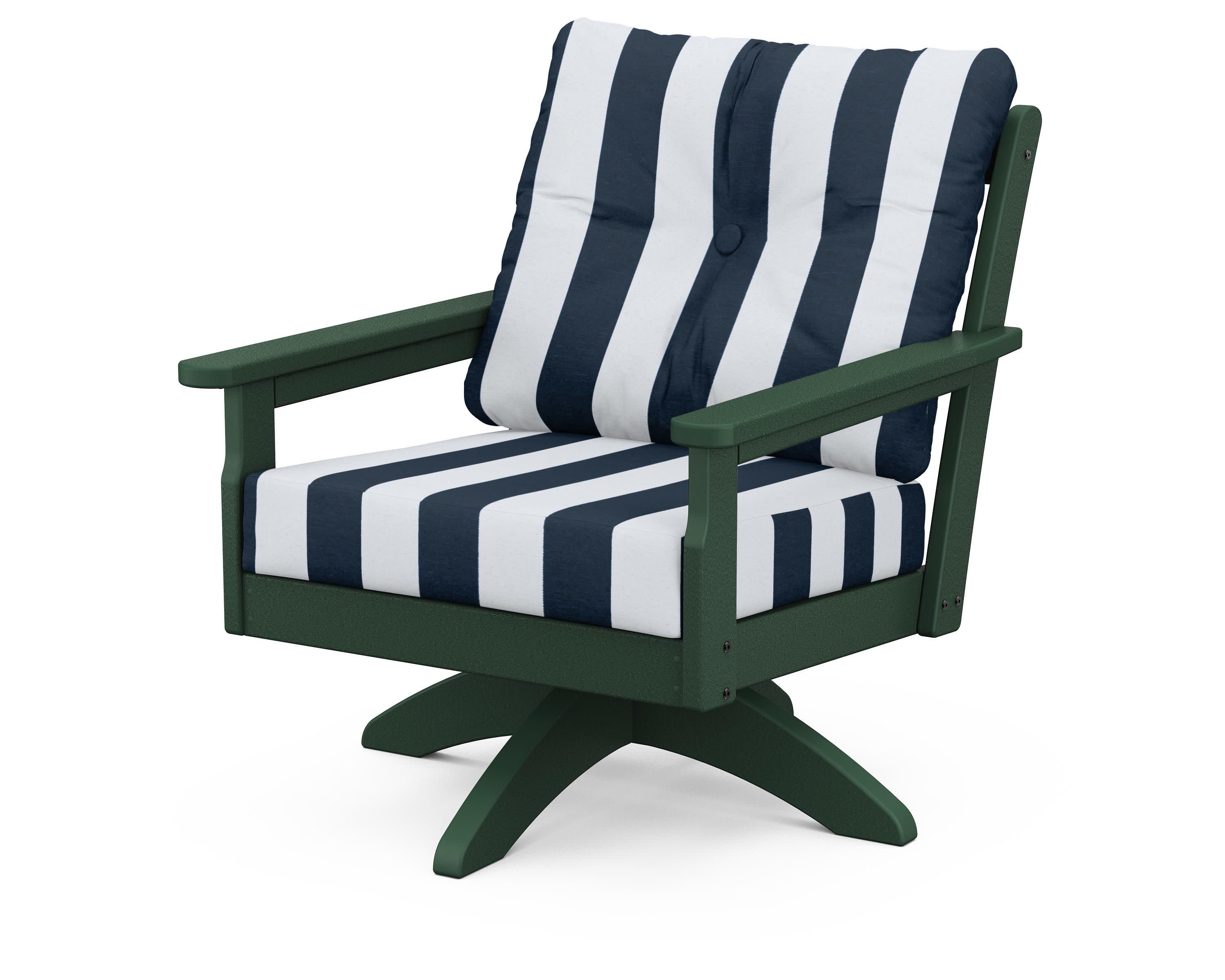 Vineyard Deep Seating Swivel Chair in Green / Cabana Stripe Marine Indigo