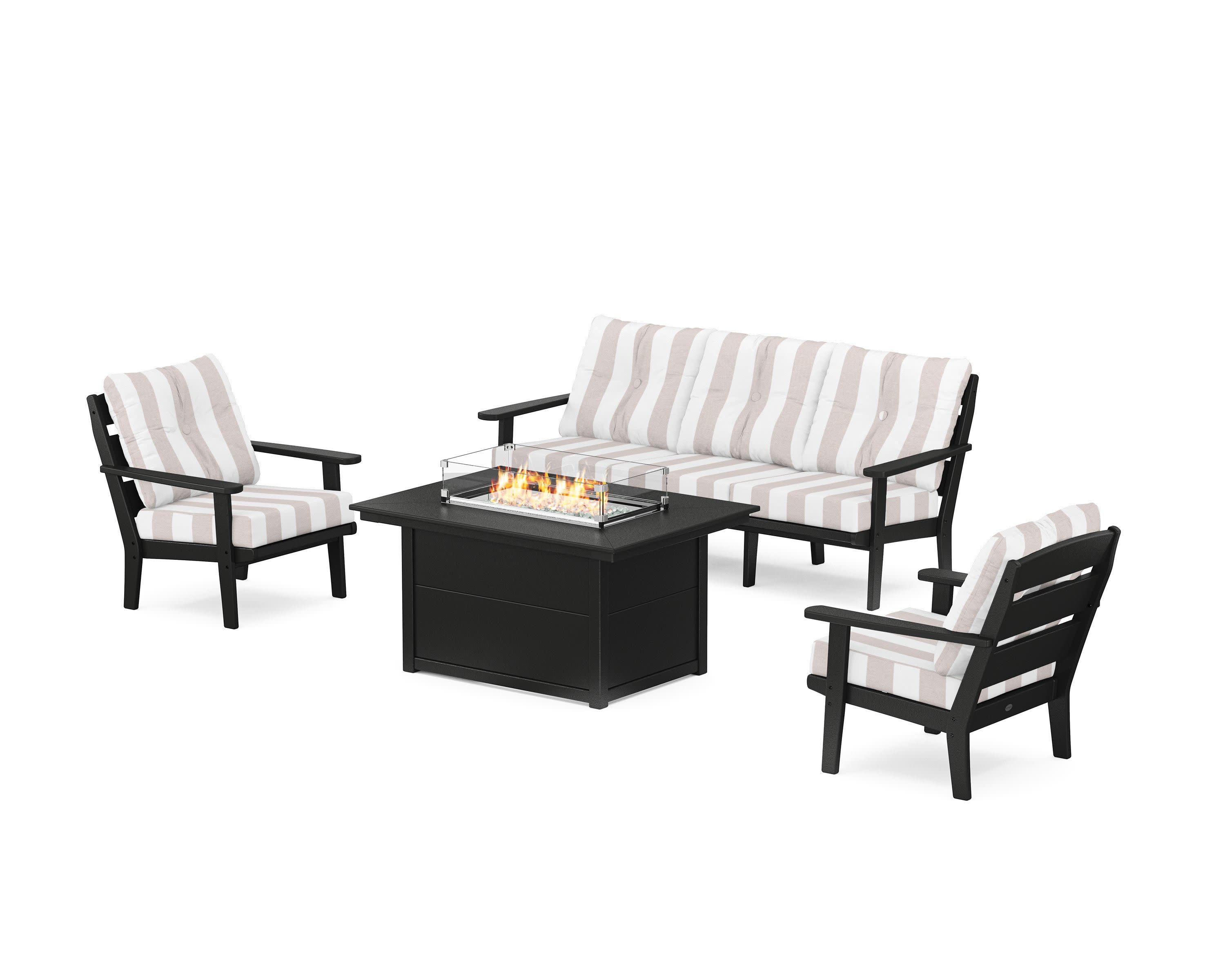 Lakeside Deep Seating Fire Pit Table Set in Black / Cabana Stripe Dune Burlap