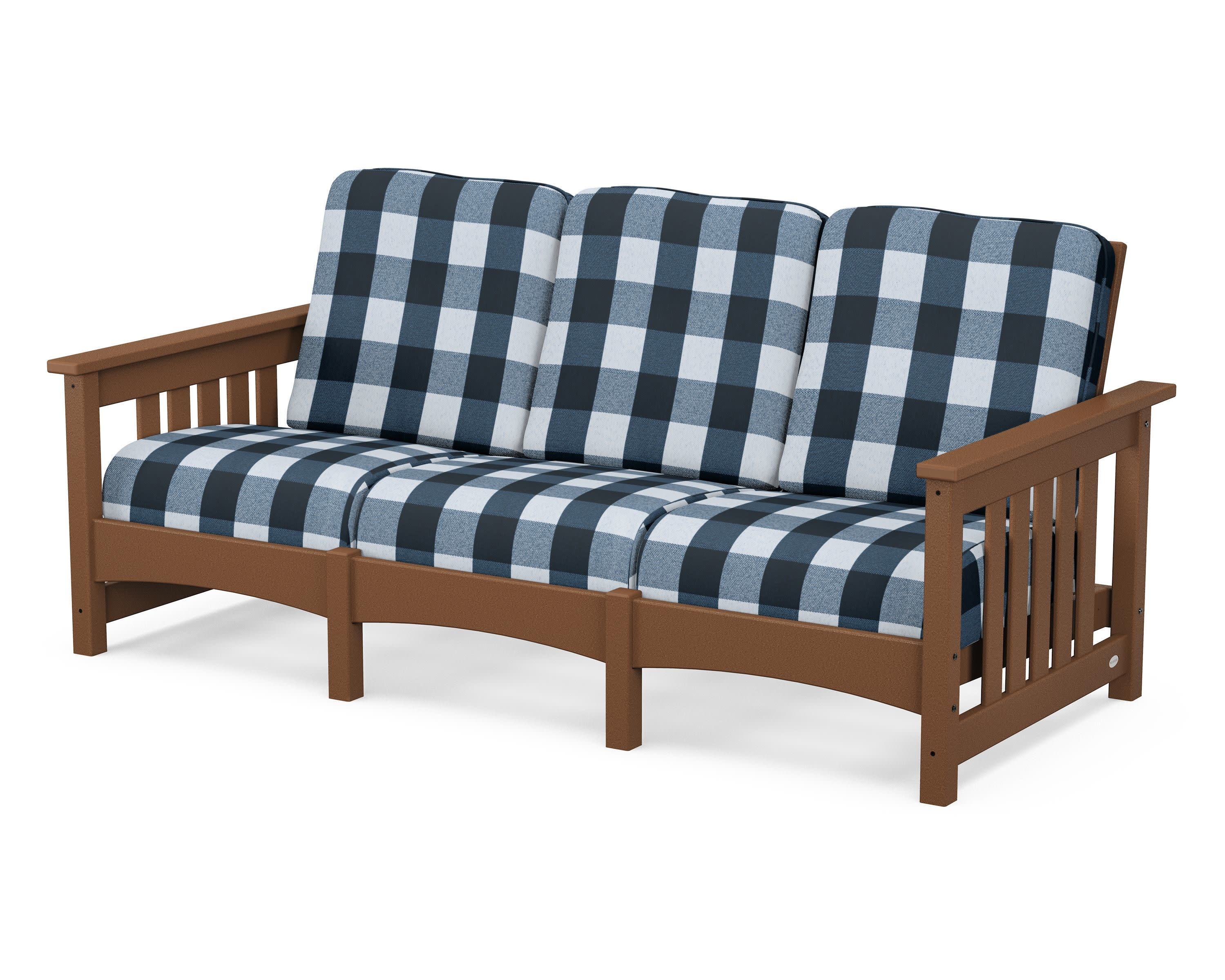 Club Mission Sofa in Teak / Buffalo Plaid Marine Indigo