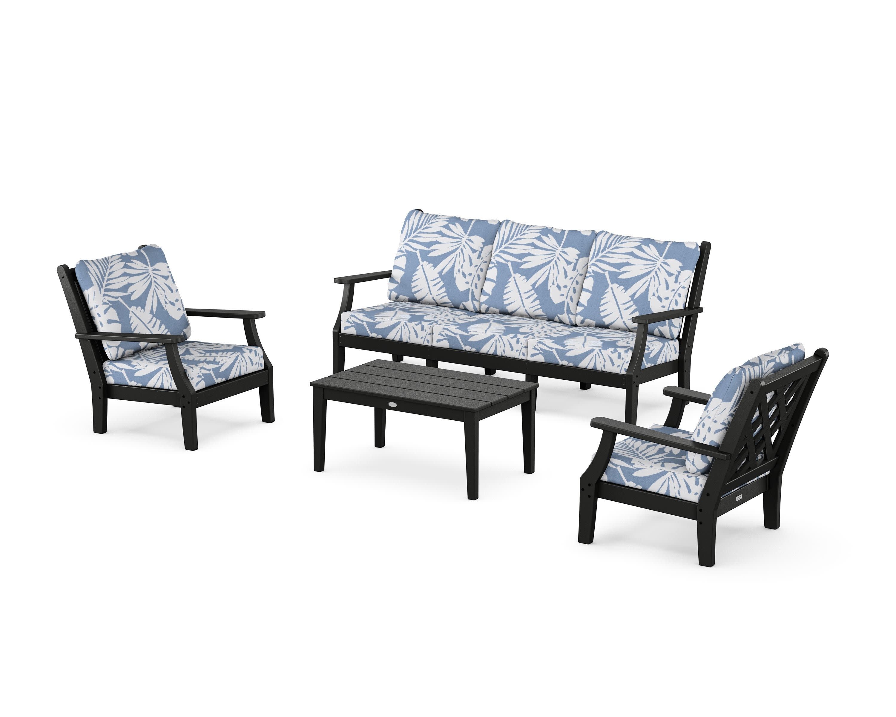 Wovendale 4-Piece Deep Seating Set with Sofa in Black / Leaf Sky Blue