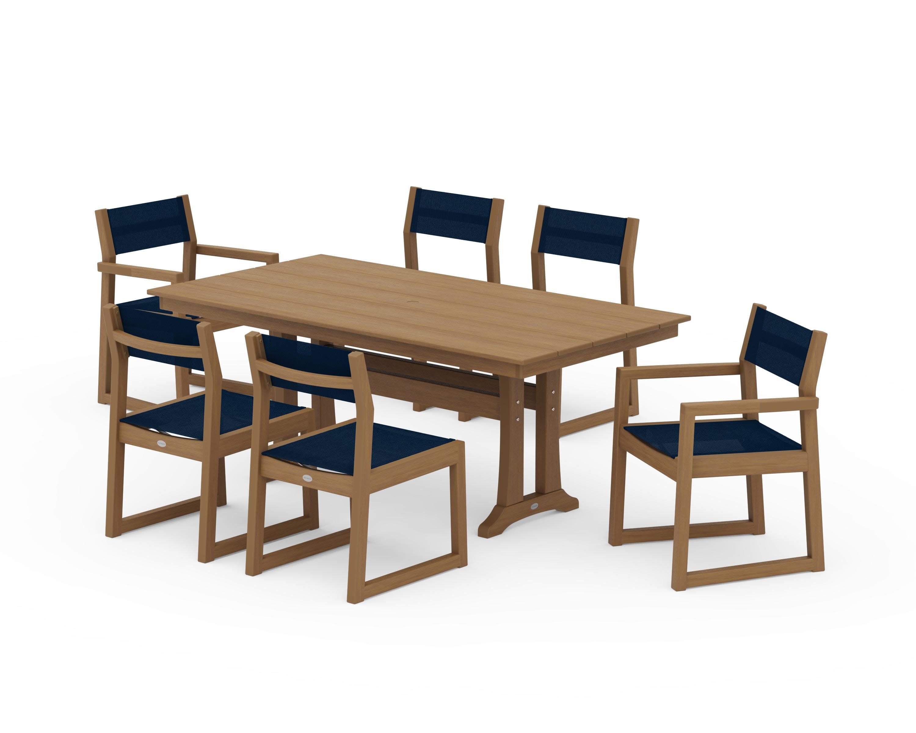 EDGE Sling 7-Piece Farmhouse Trestle Dining Set in Natural / Navy Blue Sling