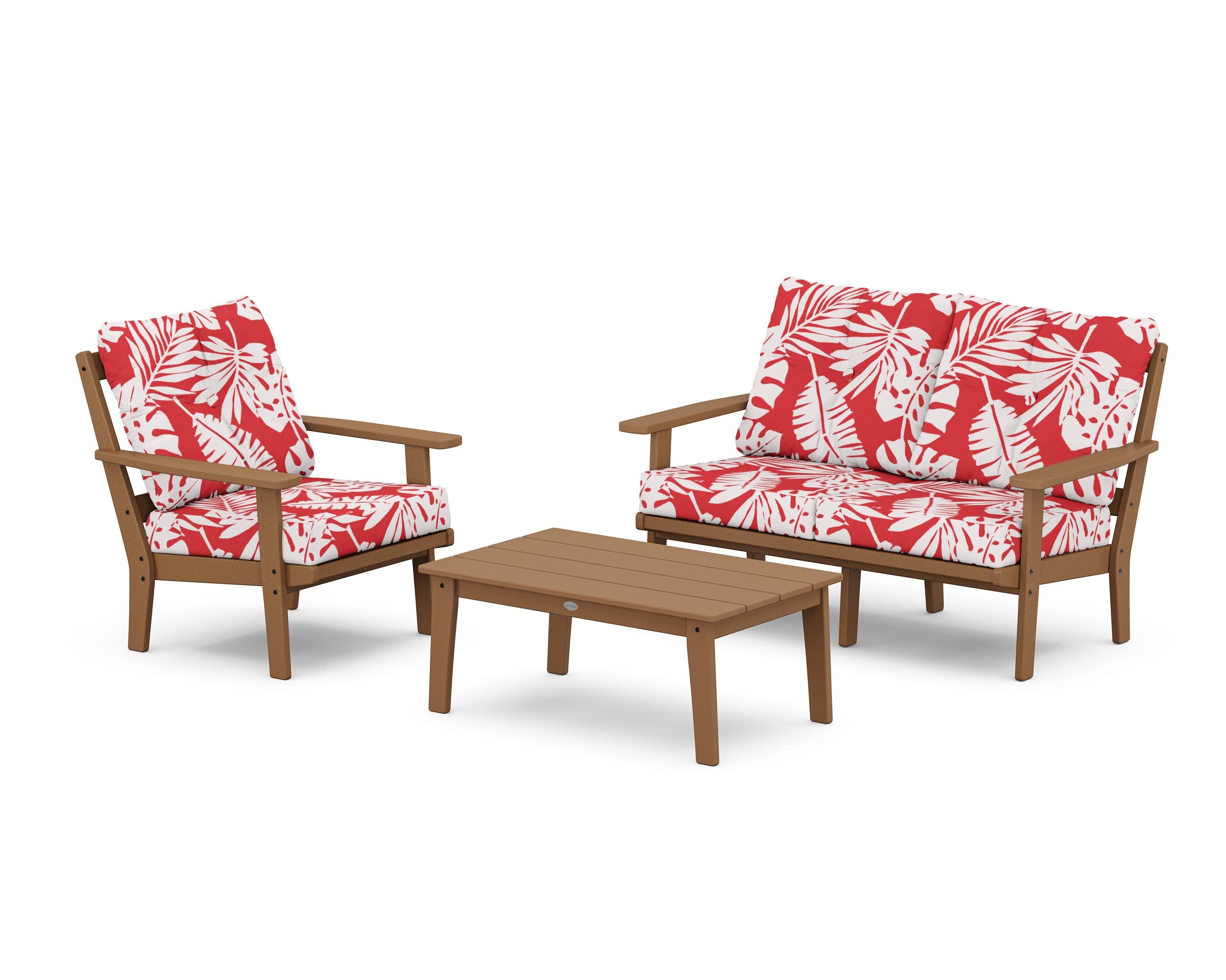 Oxford 3-Piece Deep Seating Set with Loveseat in Teak / Leaf Crimson
