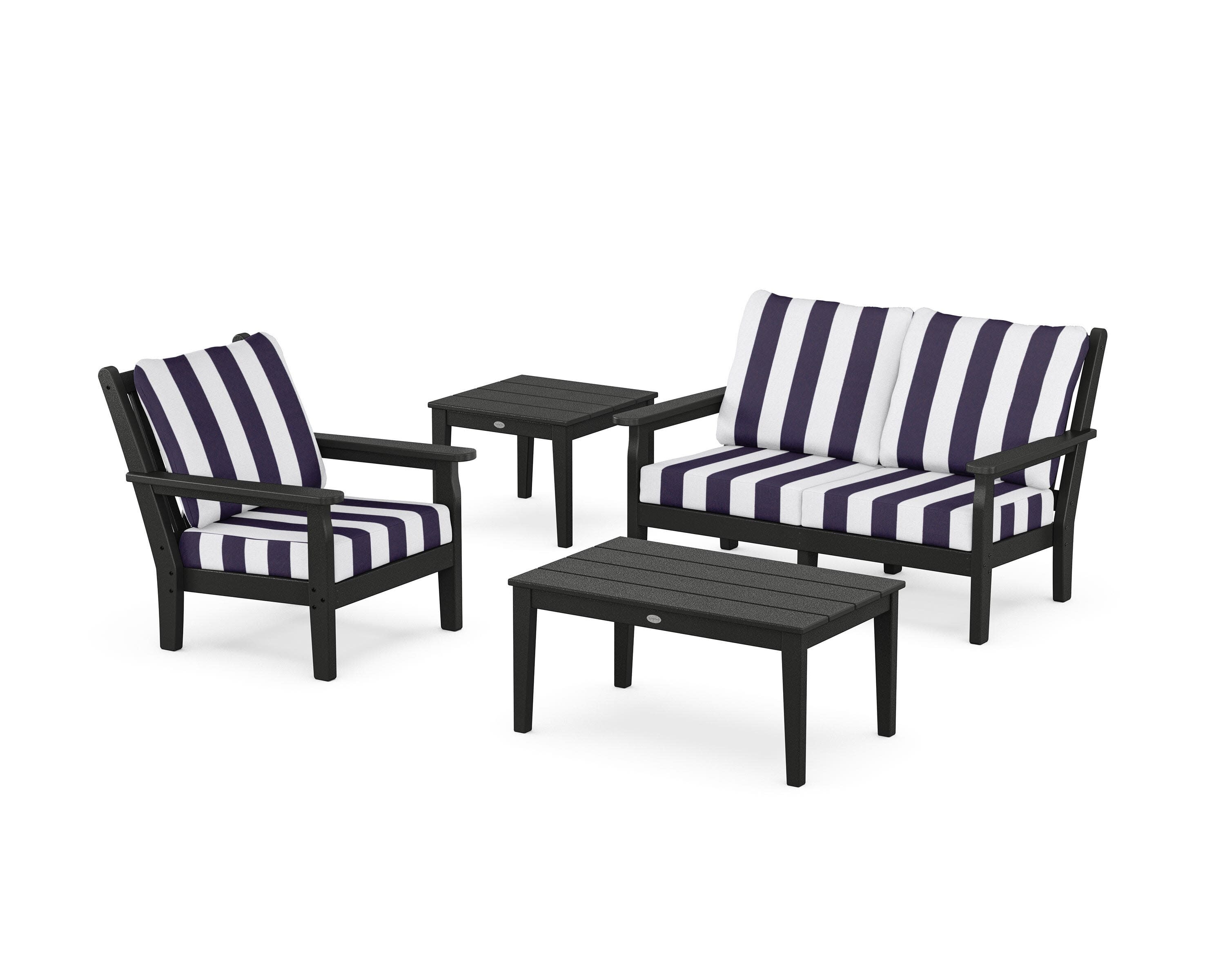 Chippendale 4-Piece Deep Seating Set in Black / Cabana Stripe Navy