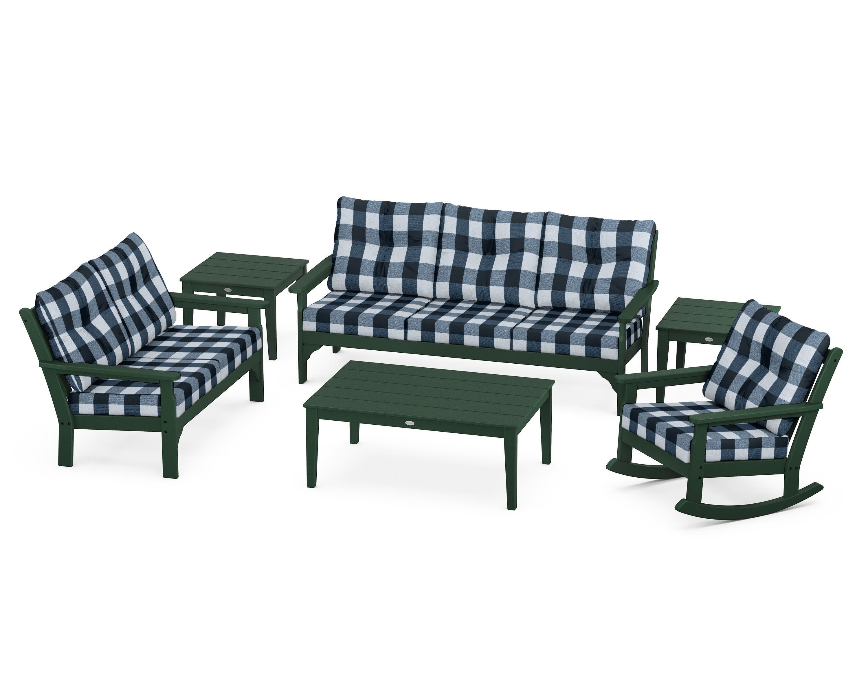 Vineyard 6-Piece Deep Seating Set in Green / Buffalo Plaid Marine Indigo