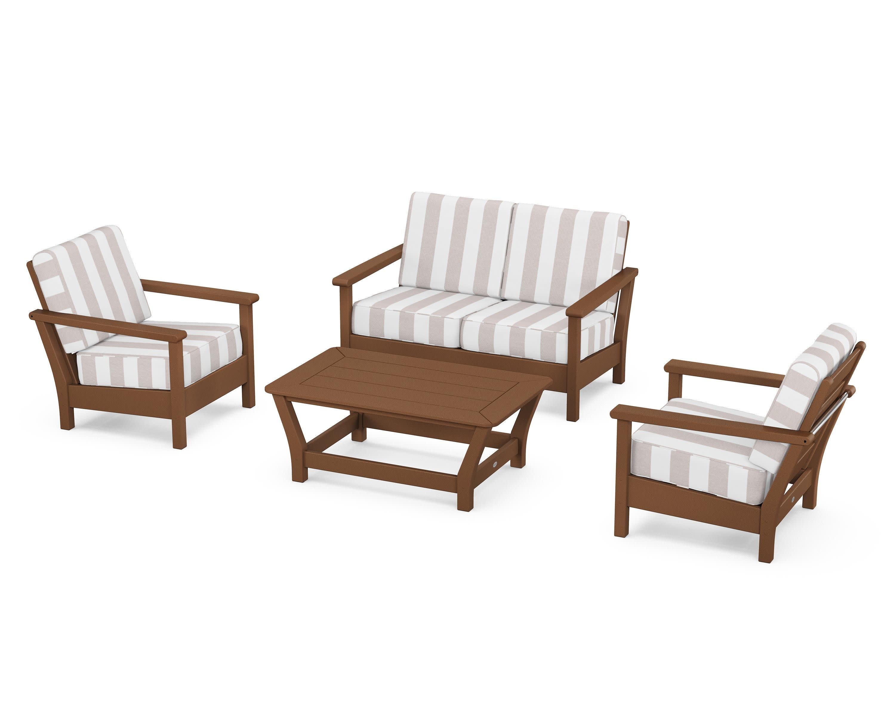 Harbour 4-Piece Deep Seating Set in Teak / Cabana Stripe Dune Burlap