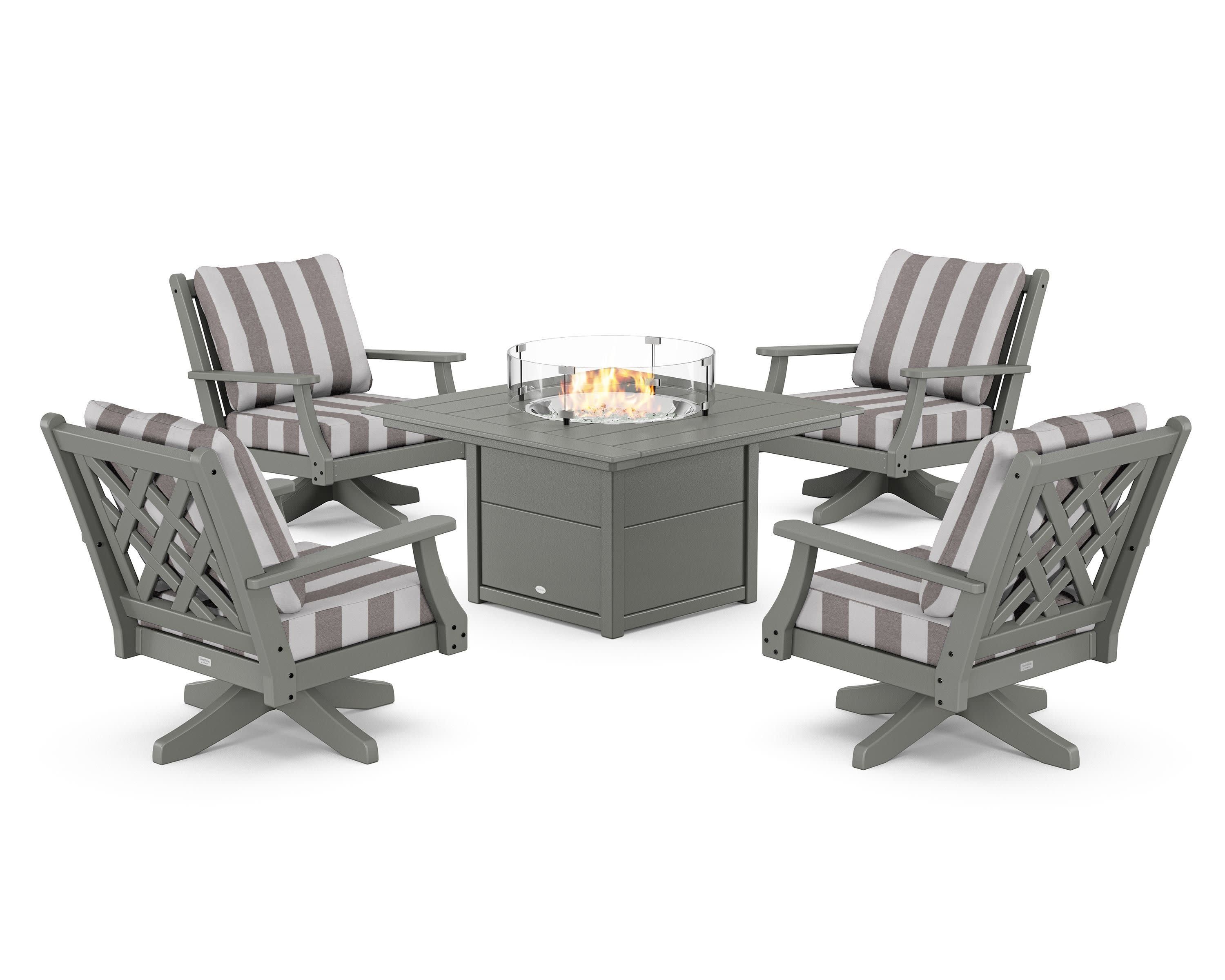 Wovendale 5-Piece Deep Seating Swivel Conversation Set with Fire Pit Table in Slate Grey / Cabana Stripe Grey Mist