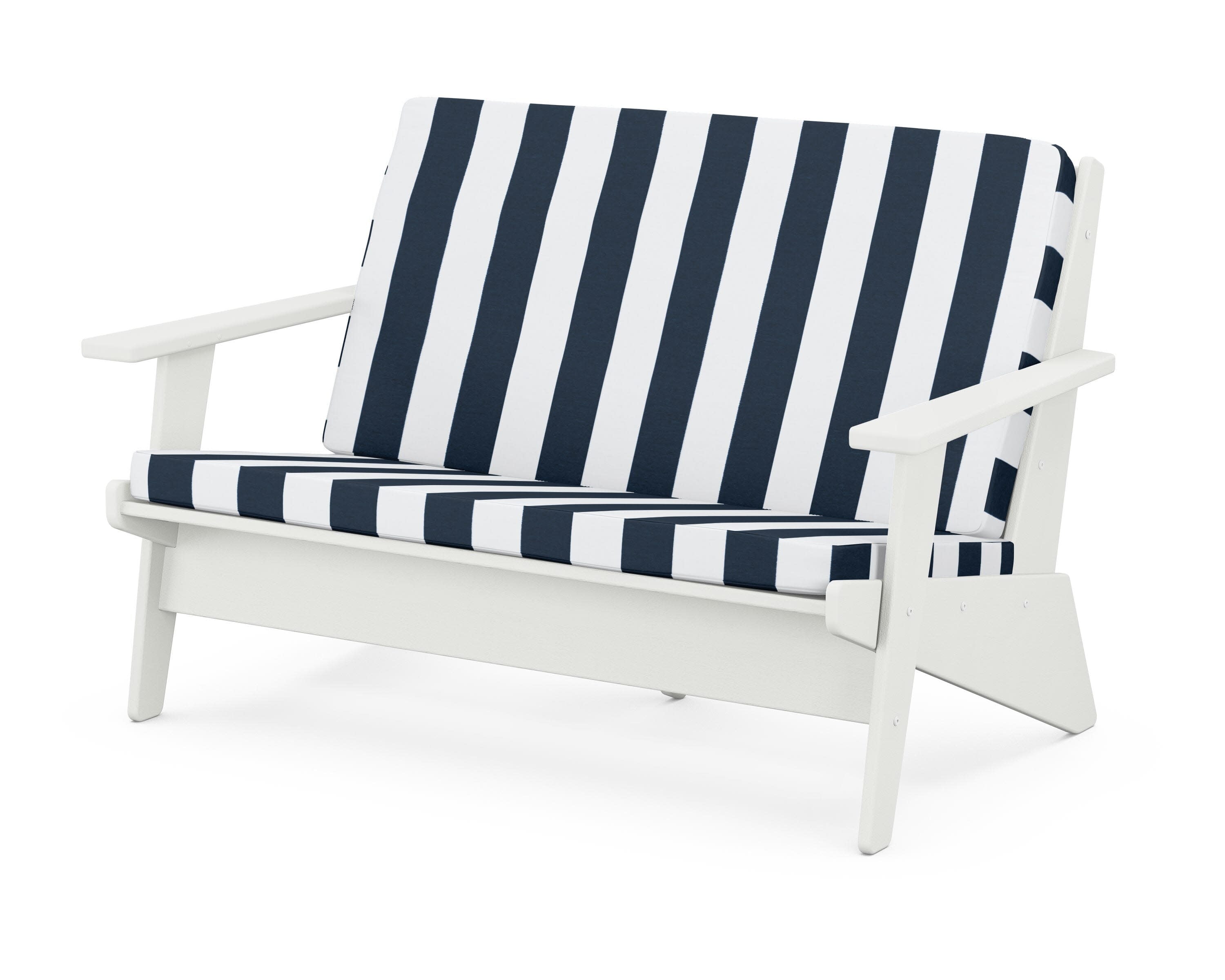 Riviera Modern Lounge Loveseat in Vintage White / Cabana Stripe Marine Indigo