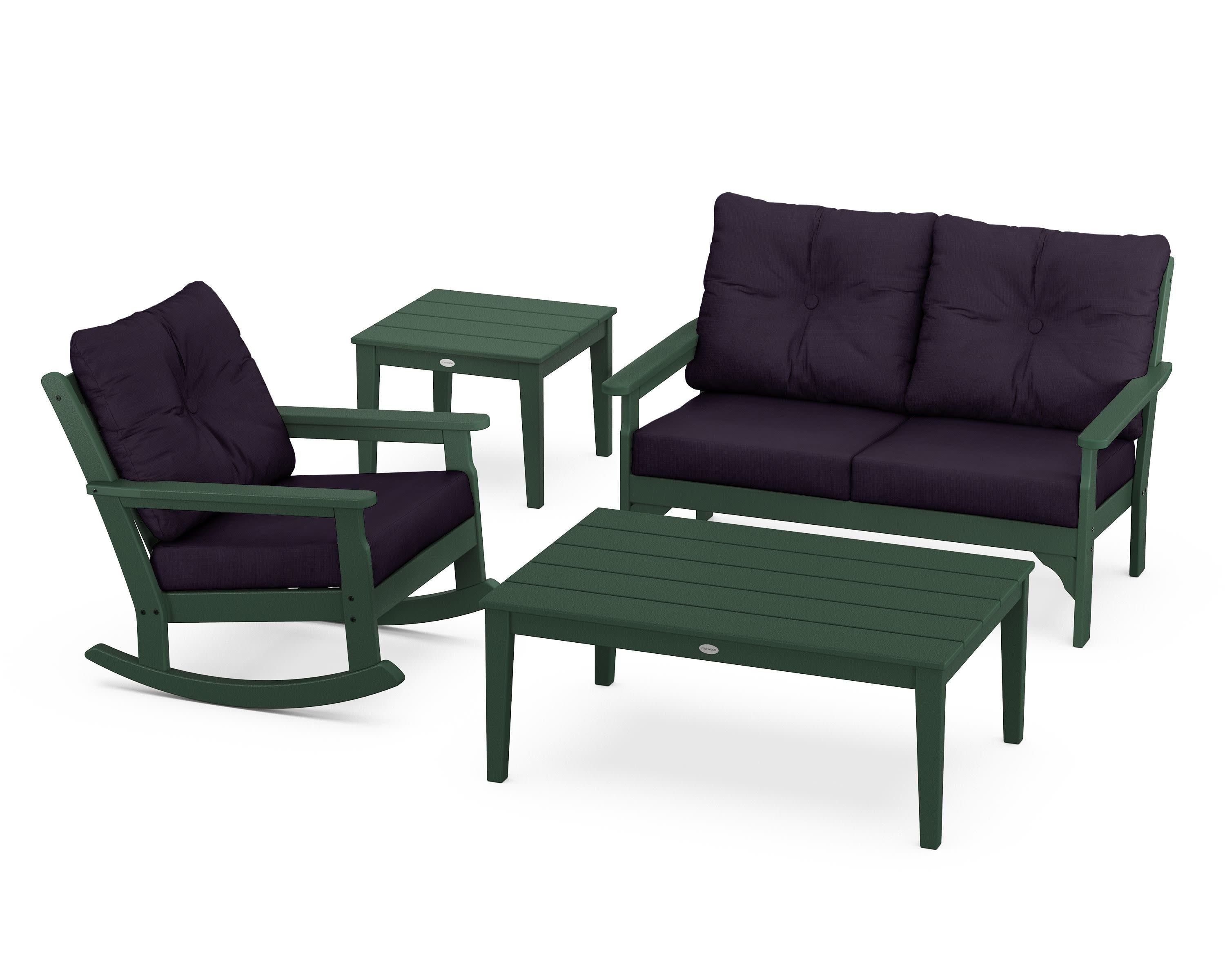 Vineyard 4-Piece Deep Seating Rocker Set in Green / Navy Linen