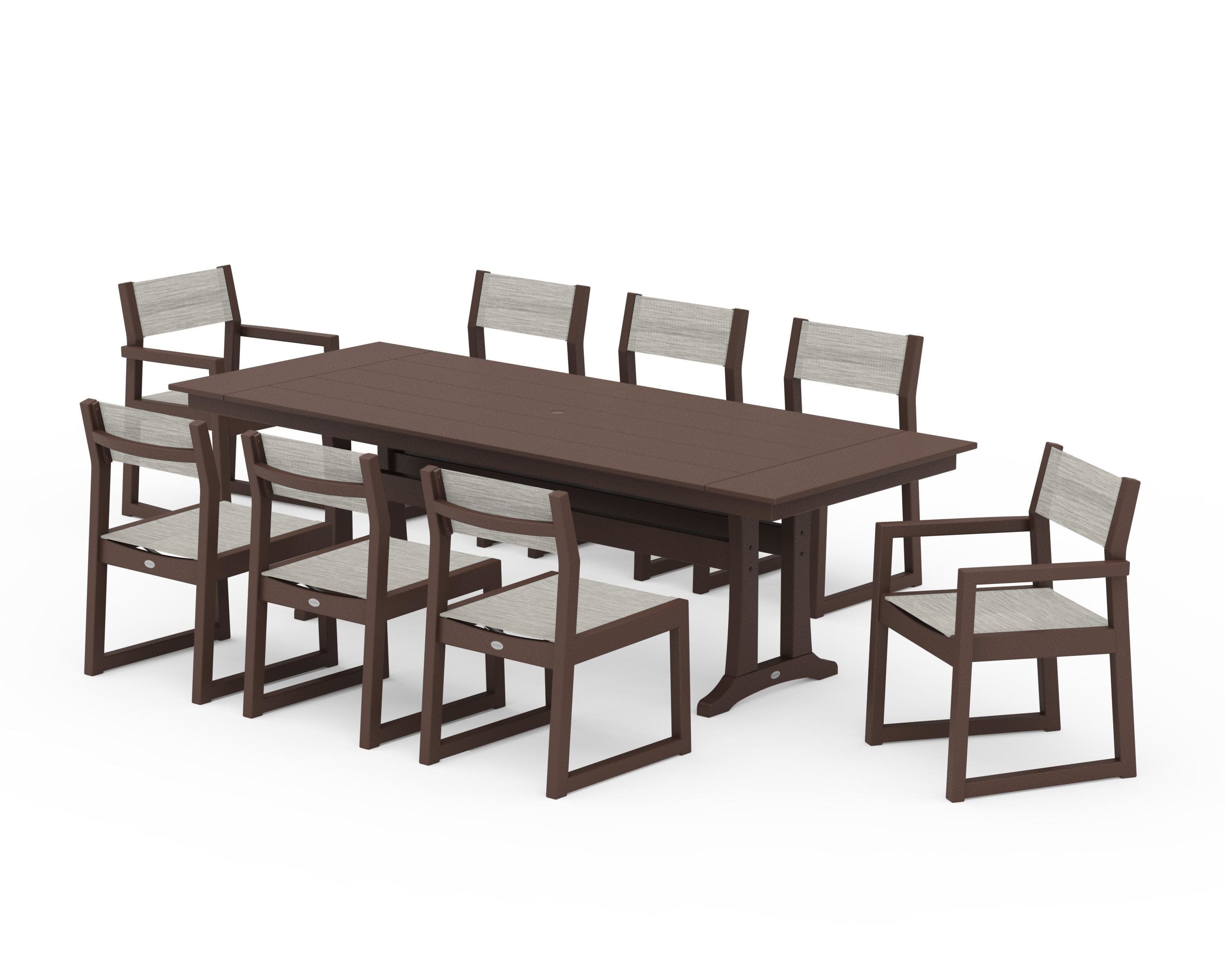 EDGE Sling 9-Piece Farmhouse Trestle Dining Set in Mahogany / Birch Sling