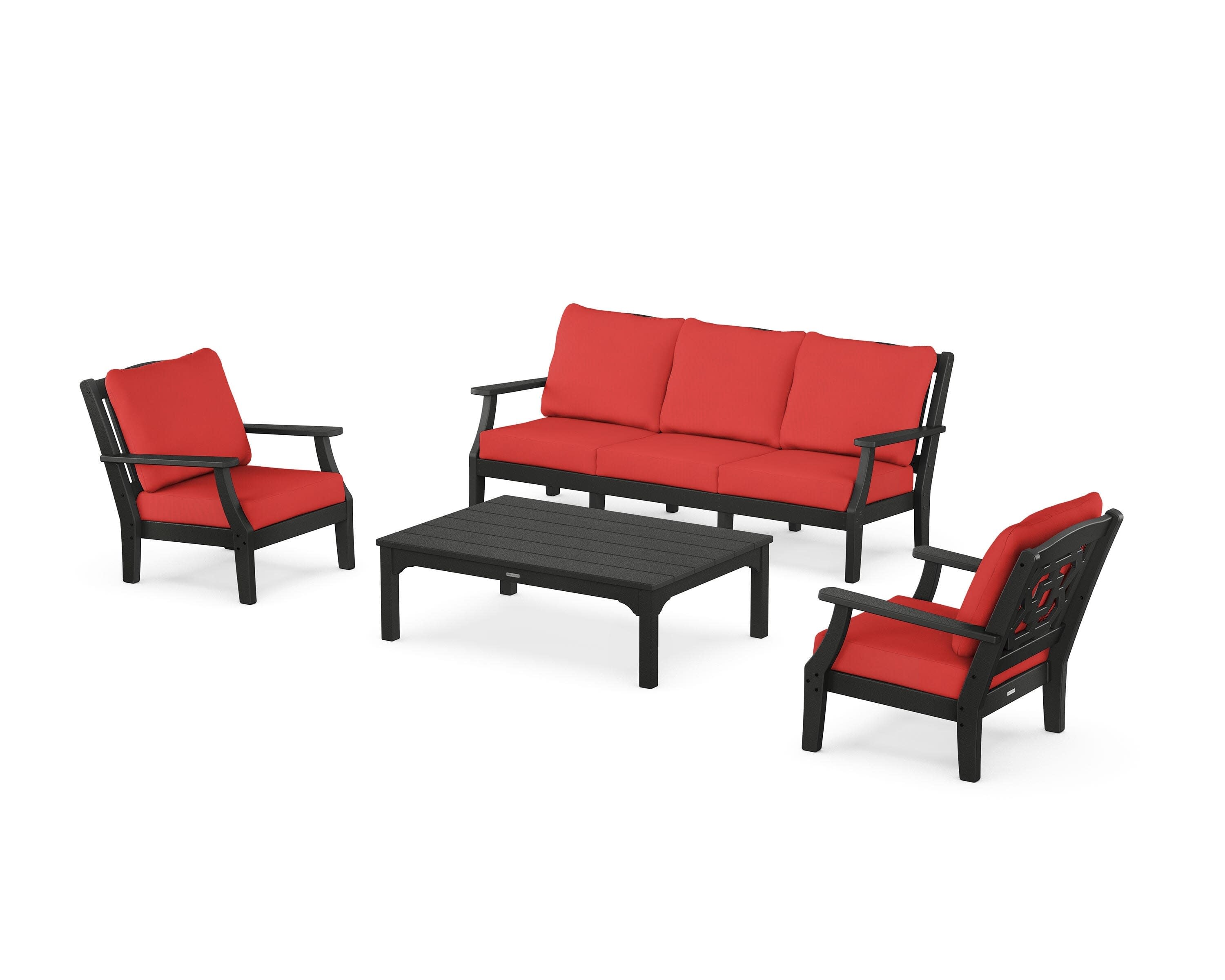 Chinoiserie 4-Piece Deep Seating Set with Sofa in Black / Crimson Linen