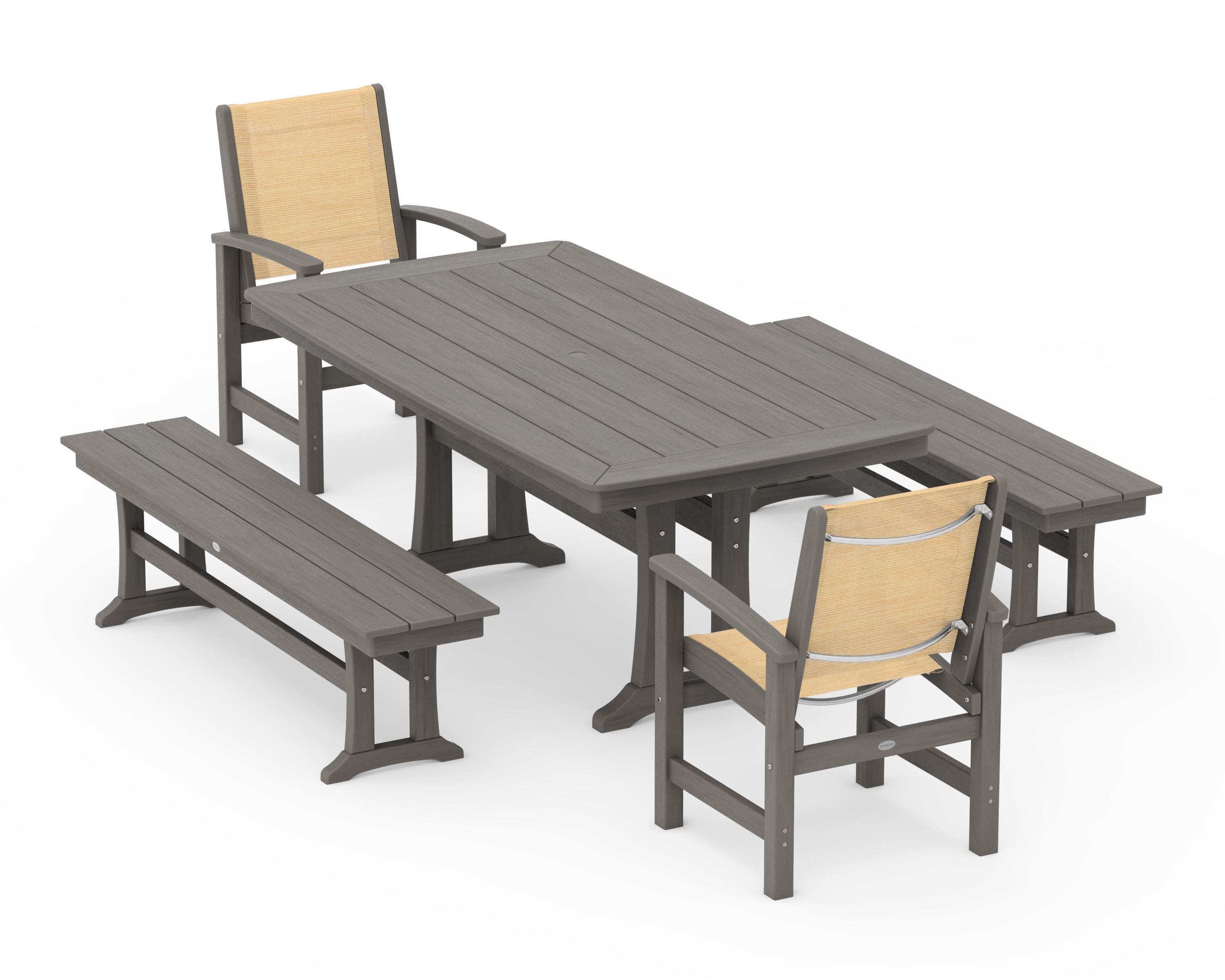 Coastal 5-Piece Dining Set with Trestle Legs and Benches in Driftwood / Dupioni Apricot Sling