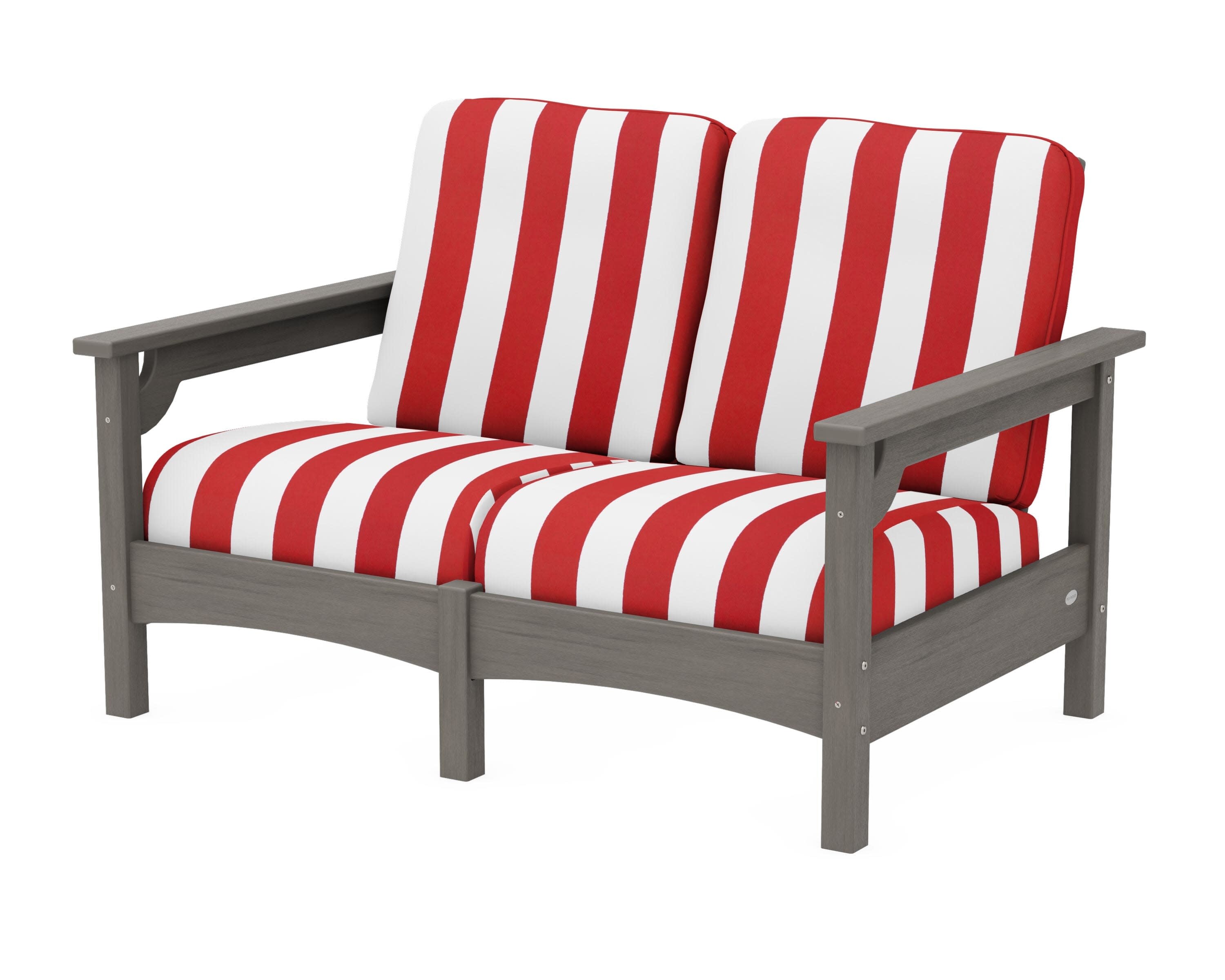 Club Loveseat in Driftwood / Cabana Stripe Crimson