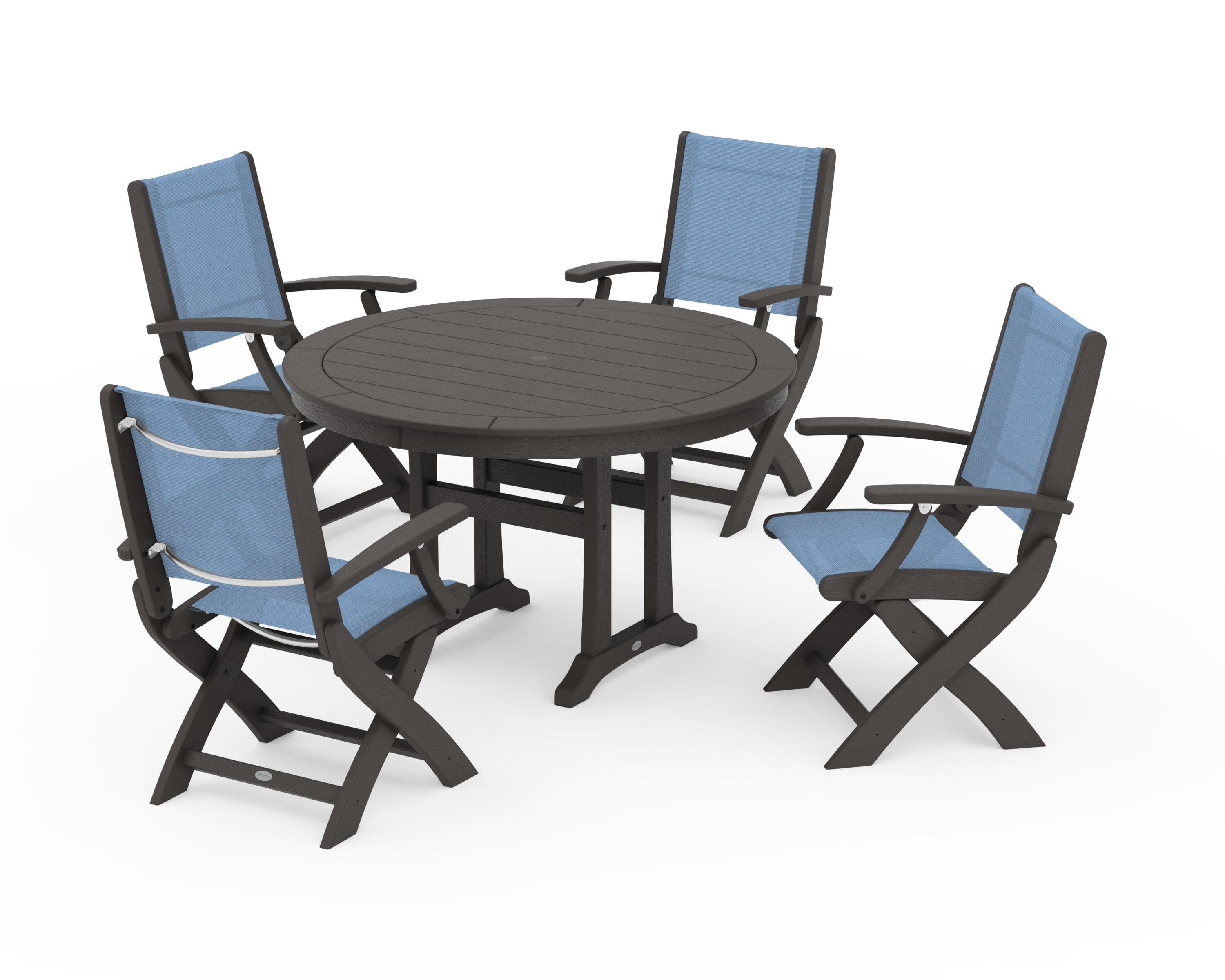 Coastal Folding Chair 5-Piece Round Dining Set with Trestle Legs in Vintage Coffee / Poolside Sling