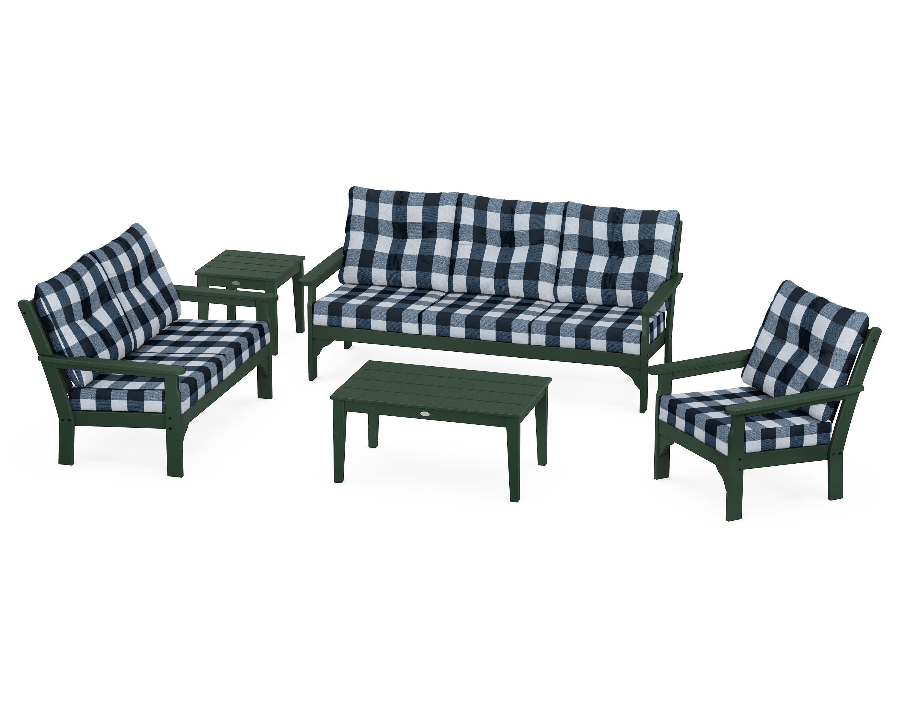 Vineyard 5 Piece Deep Seating Set in Green / Buffalo Plaid Marine Indigo