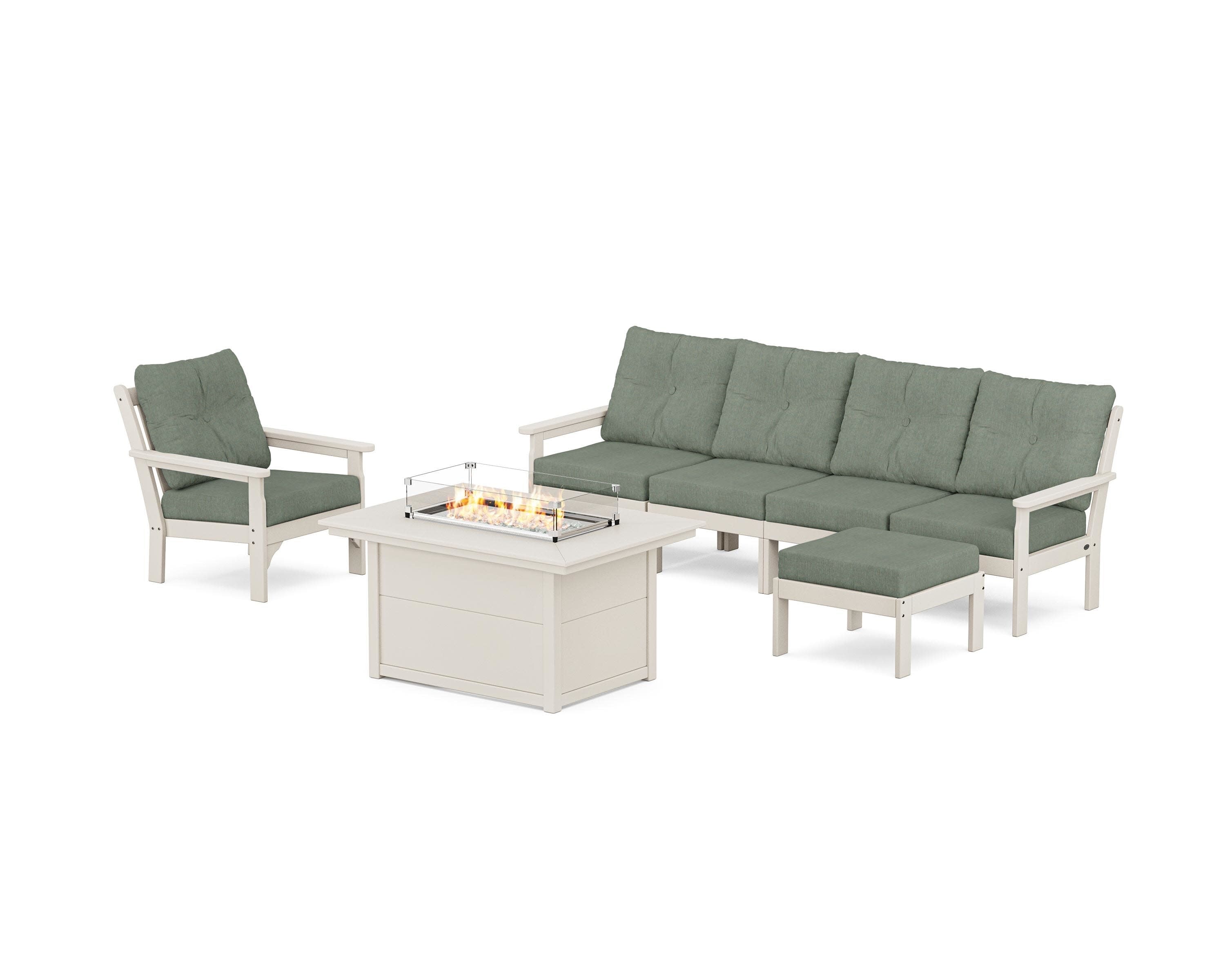 Vineyard Sectional Lounge and Fire Pit Set in Sand / Cast Sage