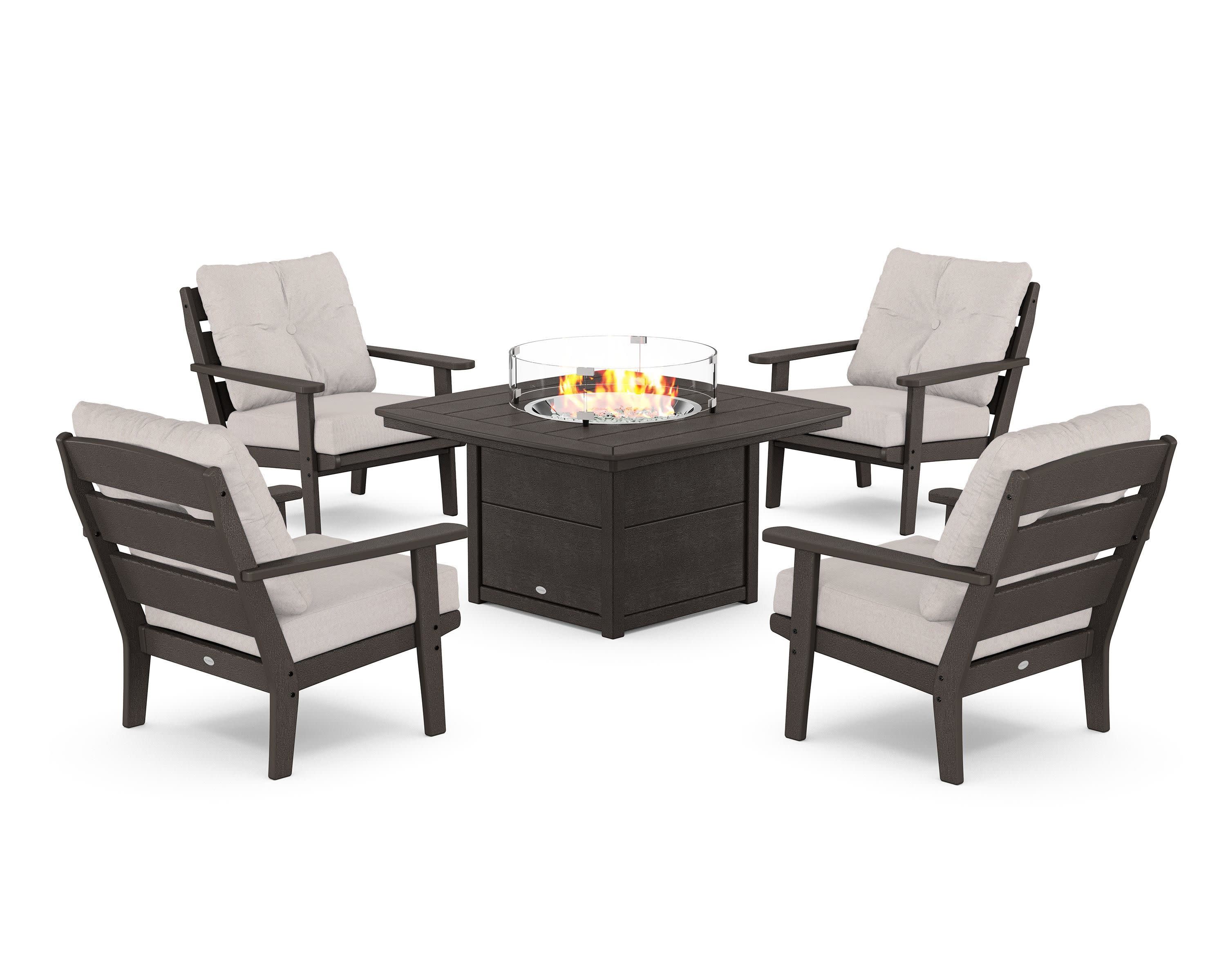 Lakeside 5-Piece Deep Seating Set with Nautical Fire Pit Table in Vintage Coffee / Dune Burlap