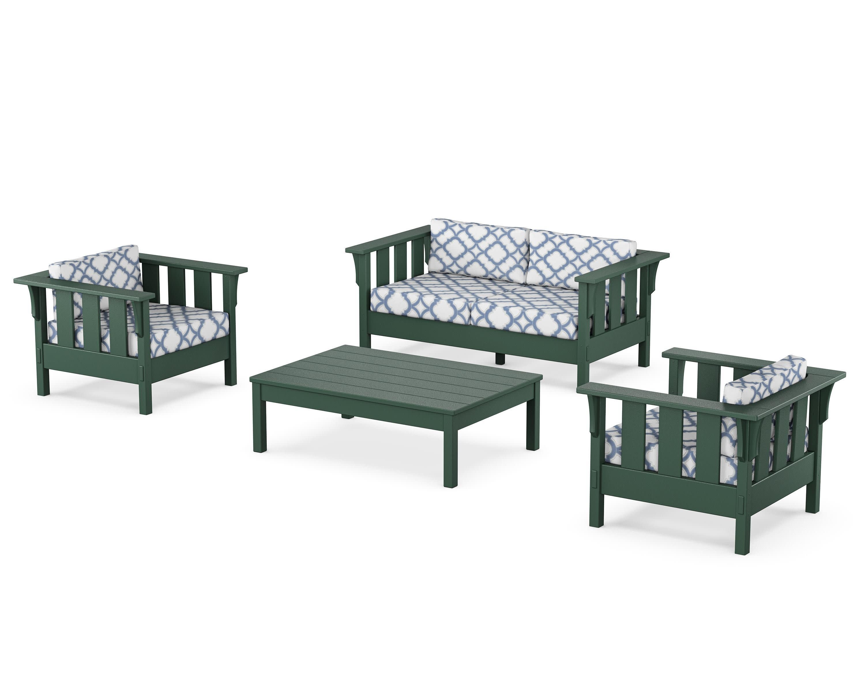 Acadia 4-Piece Deep Seating Set with Loveseat in Green / Trellis Sky Blue
