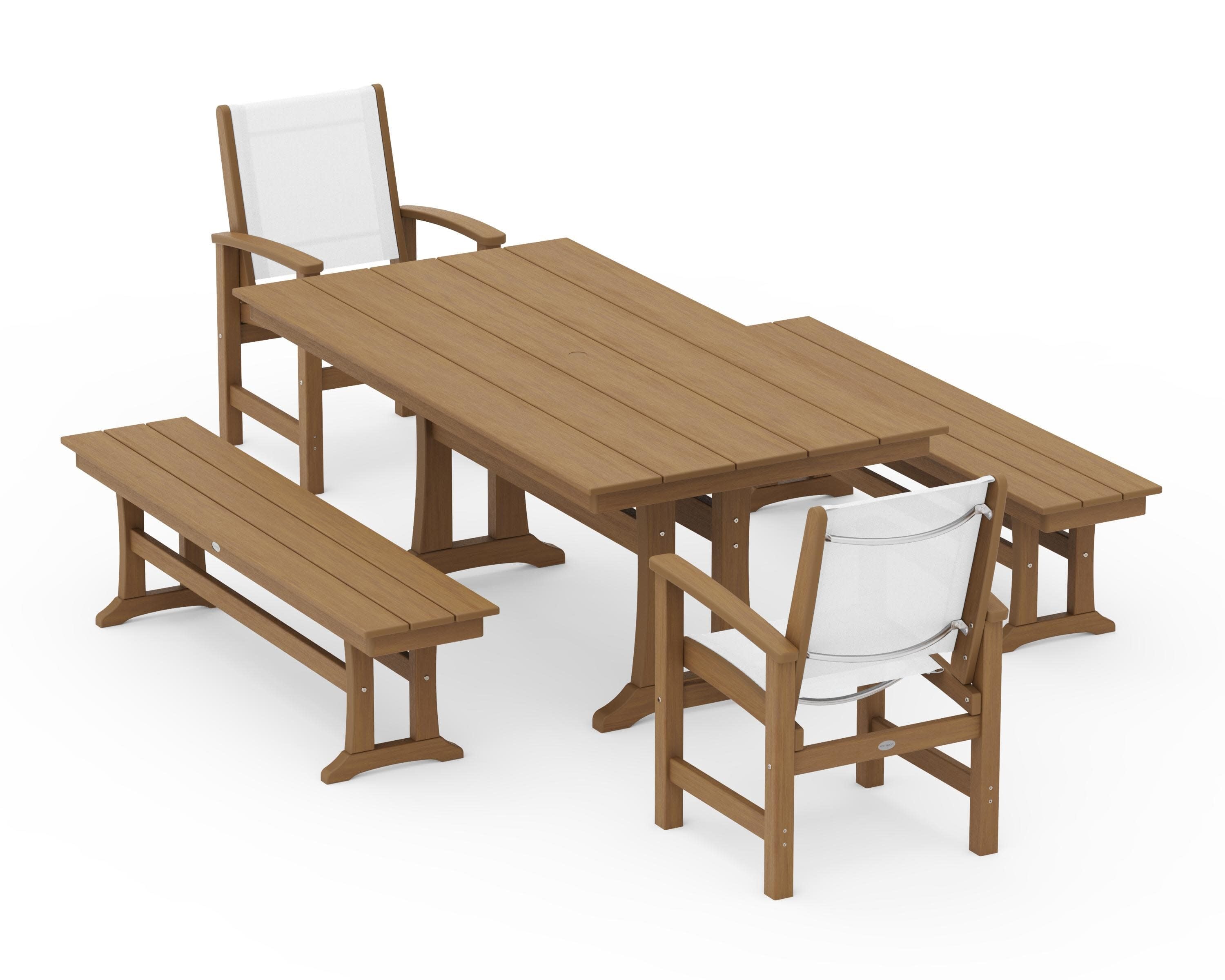 Coastal 5-Piece Farmhouse Dining Set with Trestle Legs and Benches in Natural / White Sling