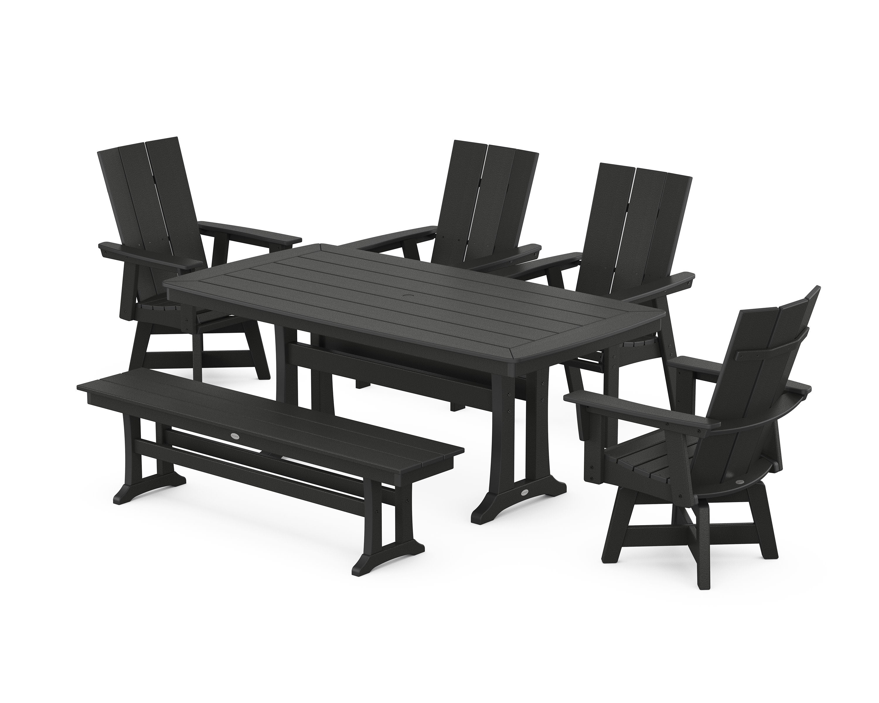 Modern Curveback Adirondack Swivel Chair 6-Piece Dining Set with Trestle Legs and Bench in Black