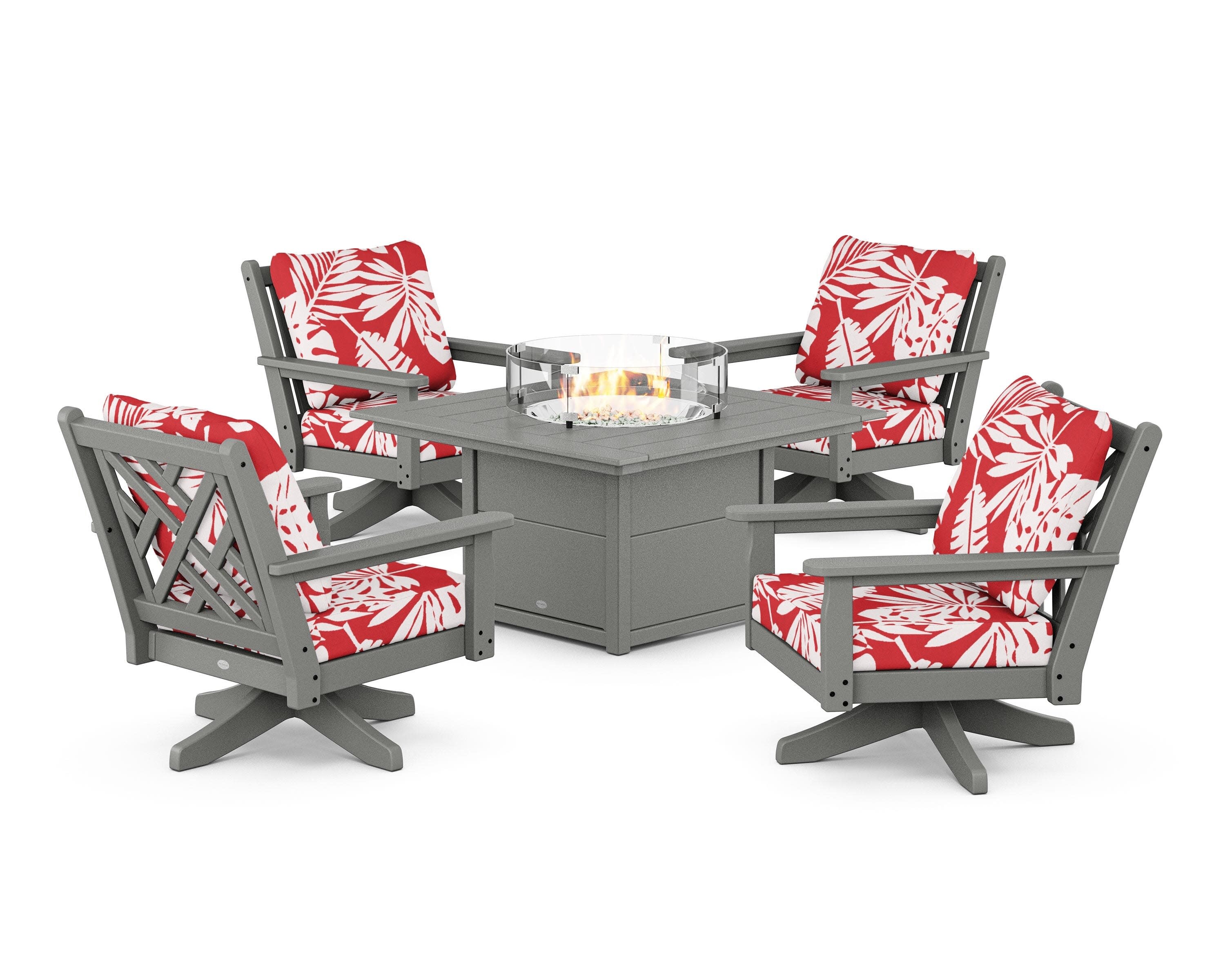 Chippendale 5-Piece Deep Seating Swivel Conversation Set with Fire Pit Table in Slate Grey / Leaf Crimson