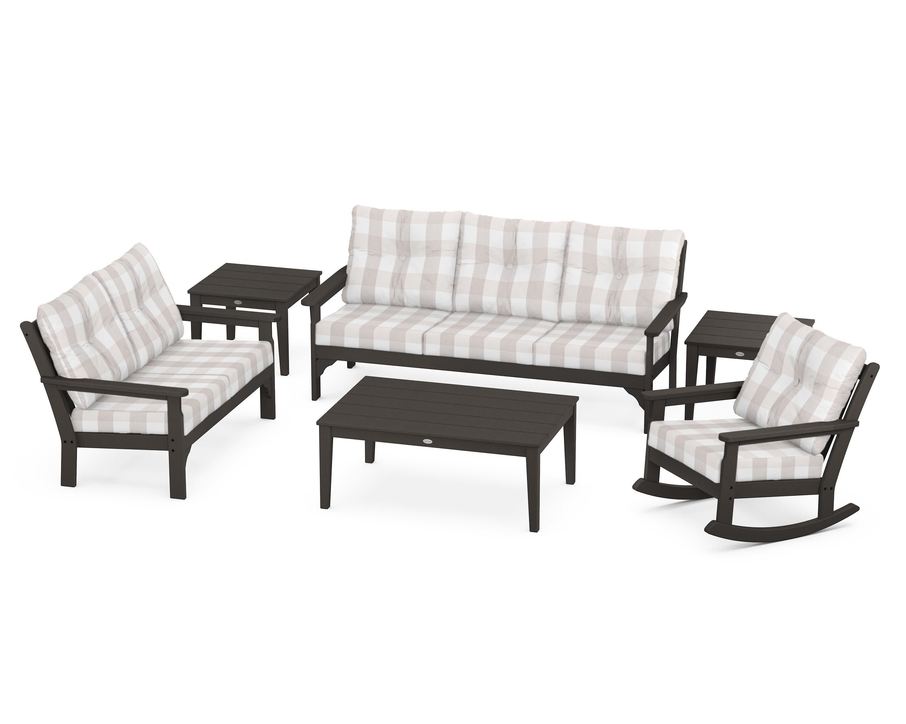 Vineyard 6-Piece Deep Seating Set in Vintage Coffee / Buffalo Plaid Dune Burlap