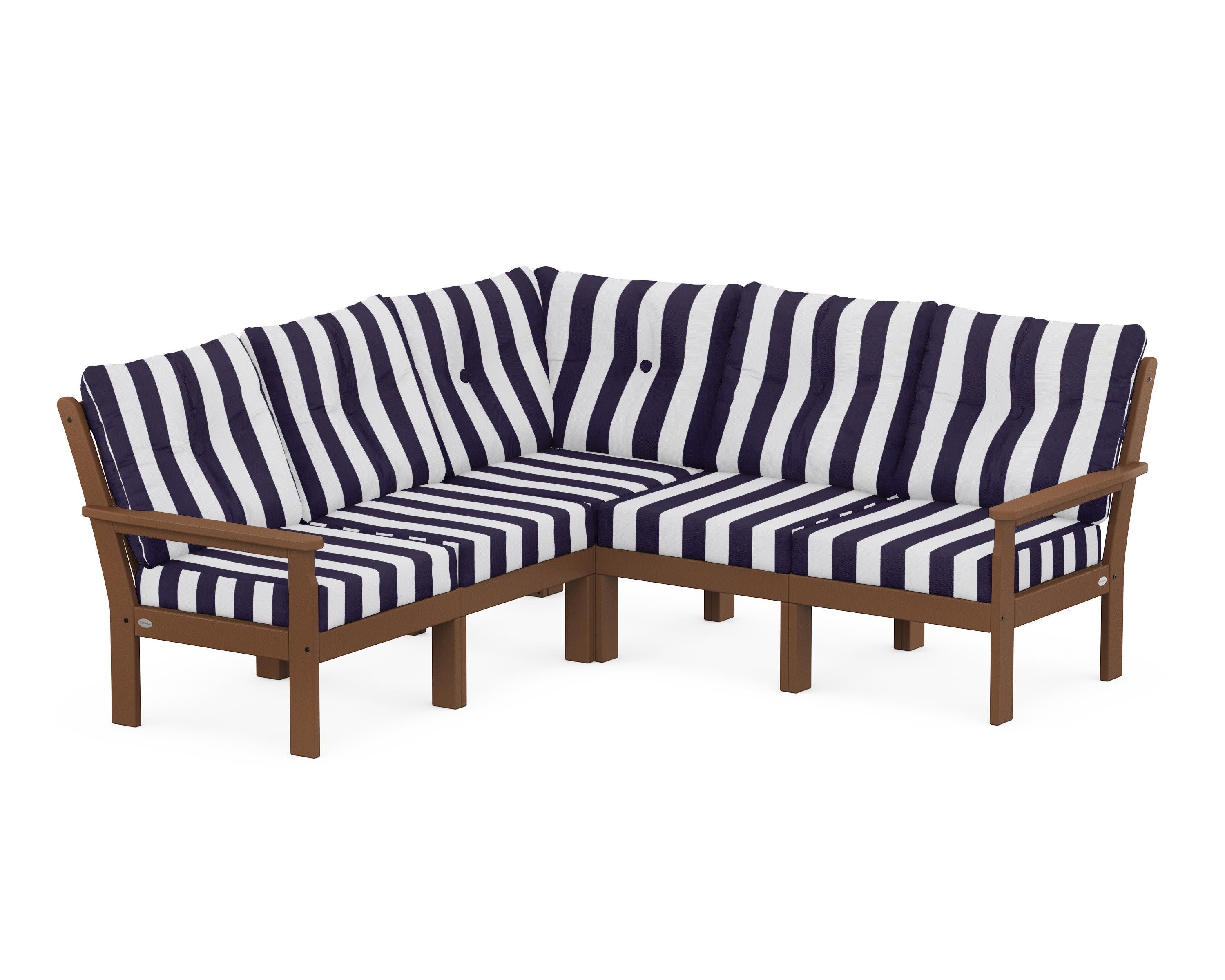 Vineyard 5-Piece Sectional in Teak / Cabana Stripe Navy
